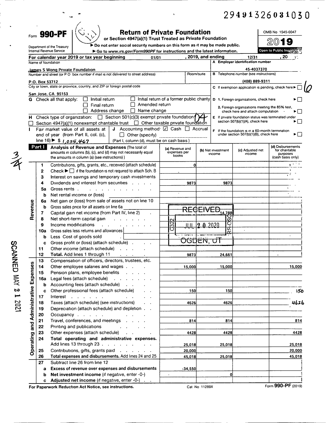 Image of first page of 2019 Form 990PF for James S Wong Private Foundation