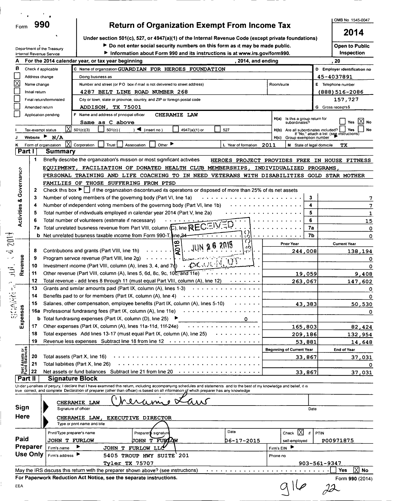 Image of first page of 2014 Form 990 for Guardian for Heroes Foundation