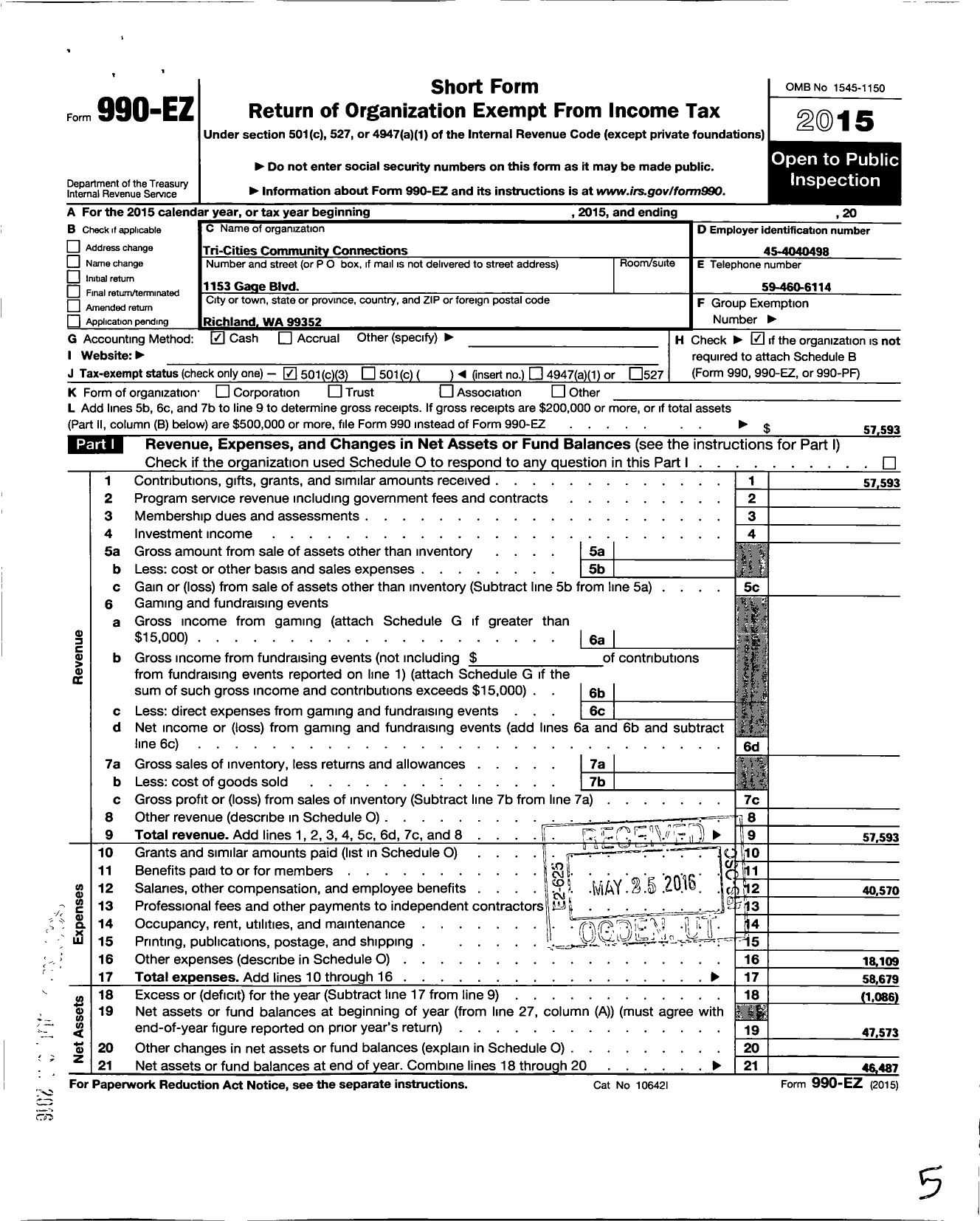 Image of first page of 2015 Form 990EZ for Tricities Community Connections