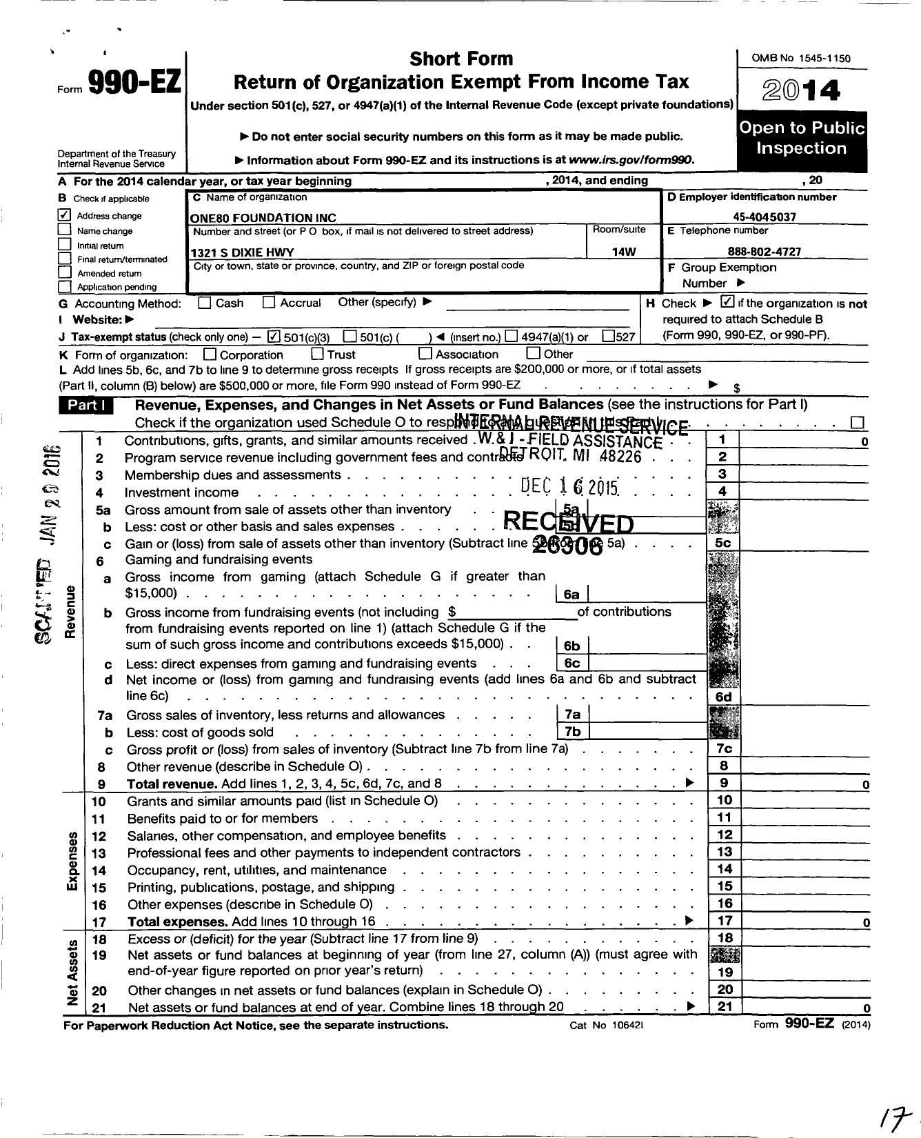 Image of first page of 2014 Form 990EZ for One80 Foundation