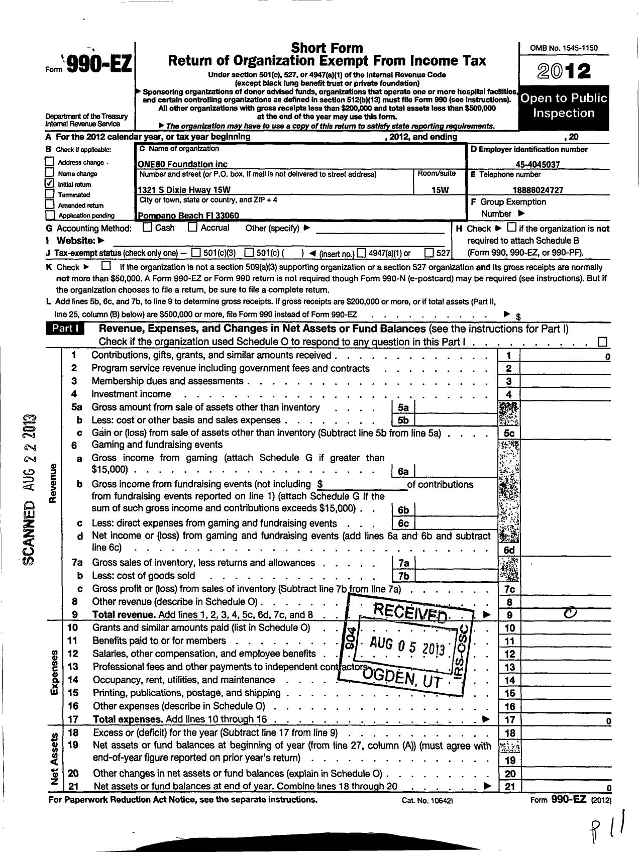 Image of first page of 2012 Form 990EZ for One80 Foundation