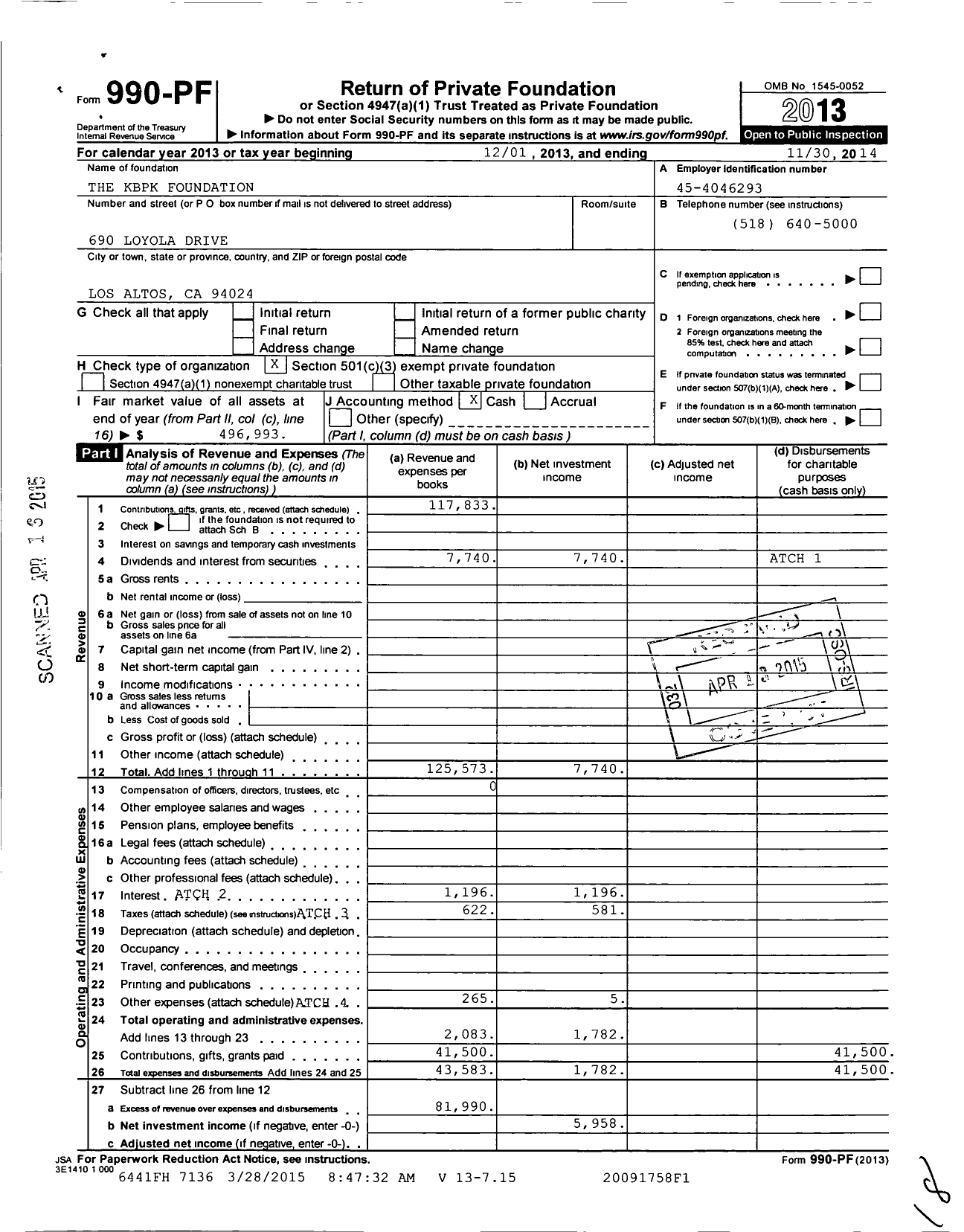 Image of first page of 2013 Form 990PF for KBPK Foundation
