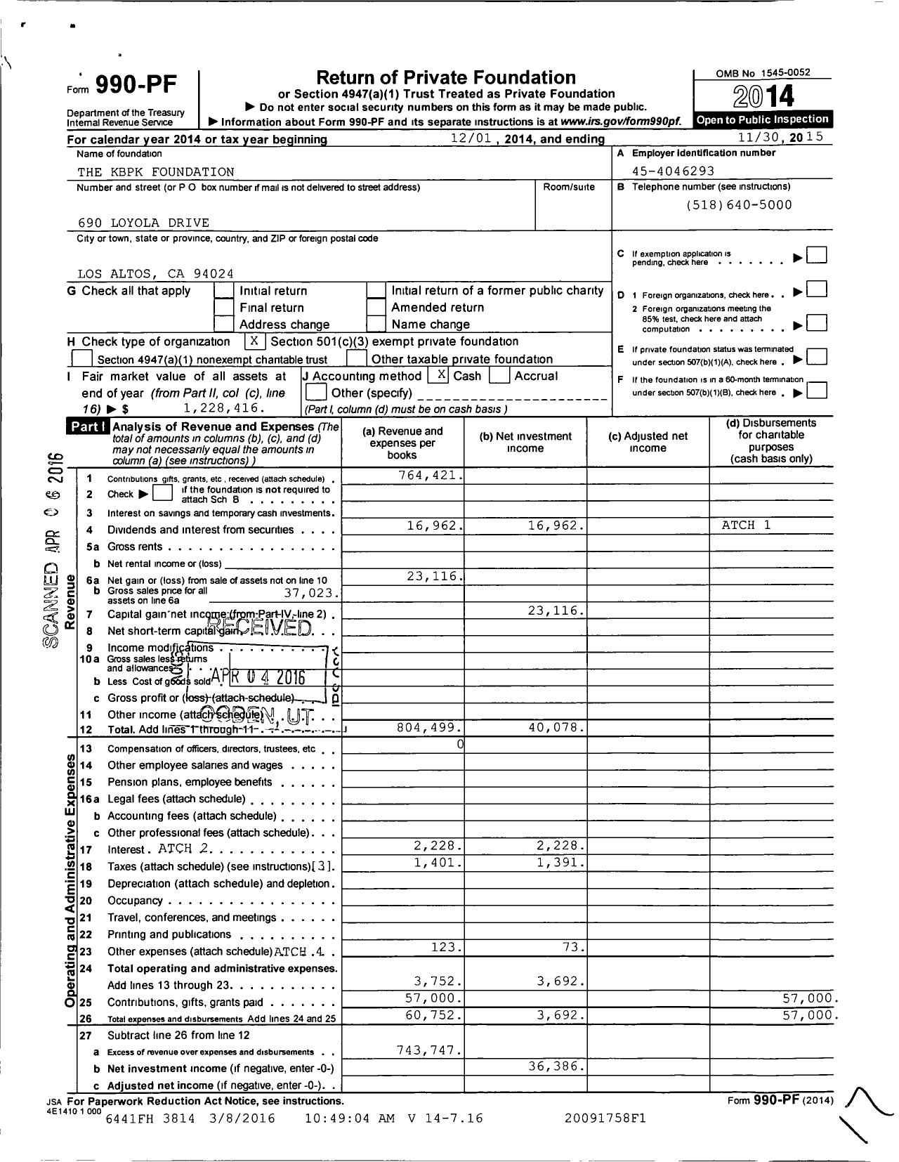 Image of first page of 2014 Form 990PF for KBPK Foundation