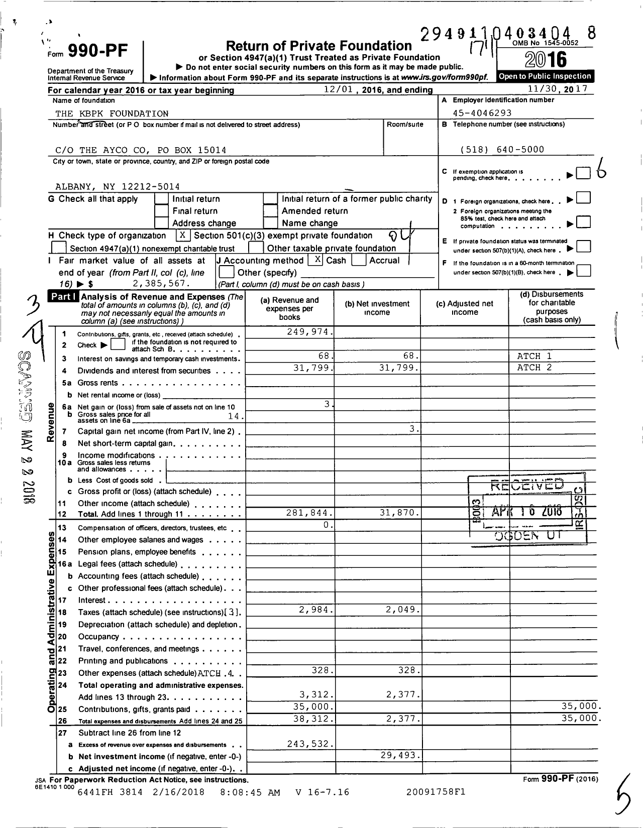 Image of first page of 2016 Form 990PF for KBPK Foundation