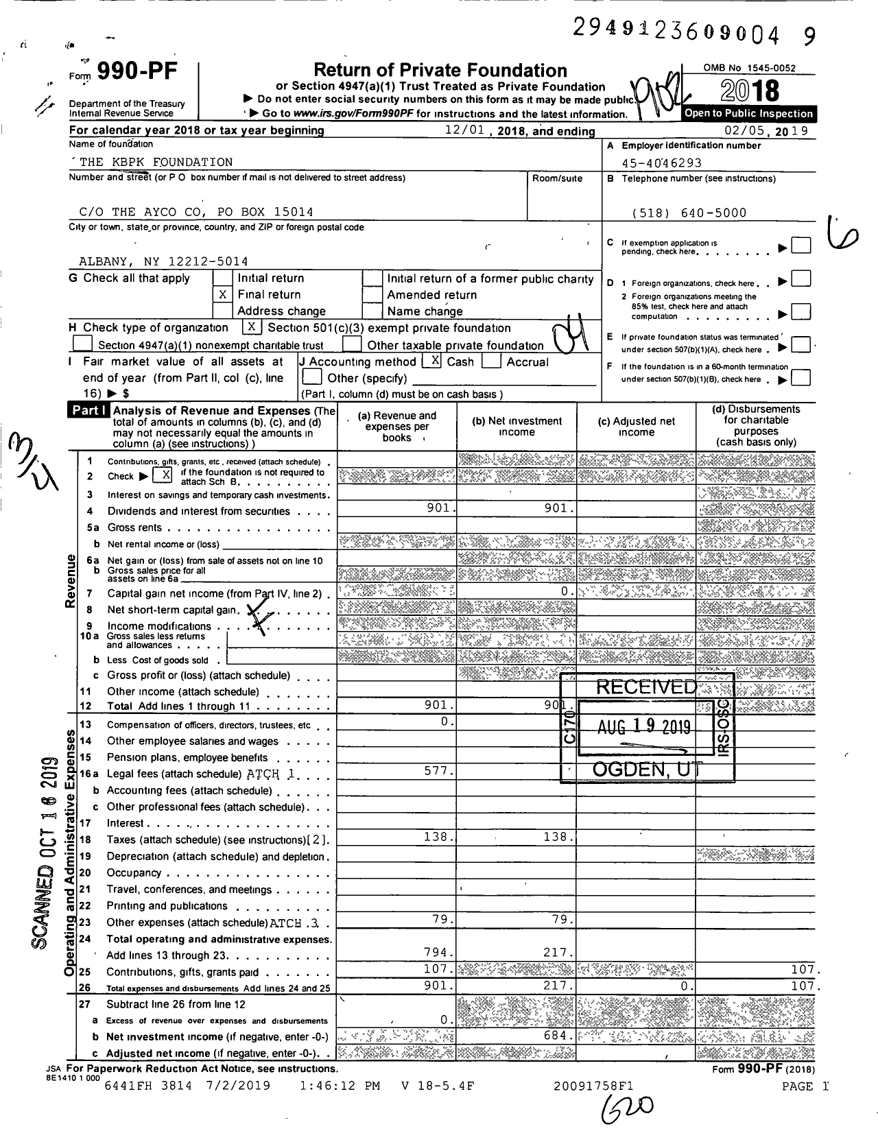 Image of first page of 2018 Form 990PF for KBPK Foundation