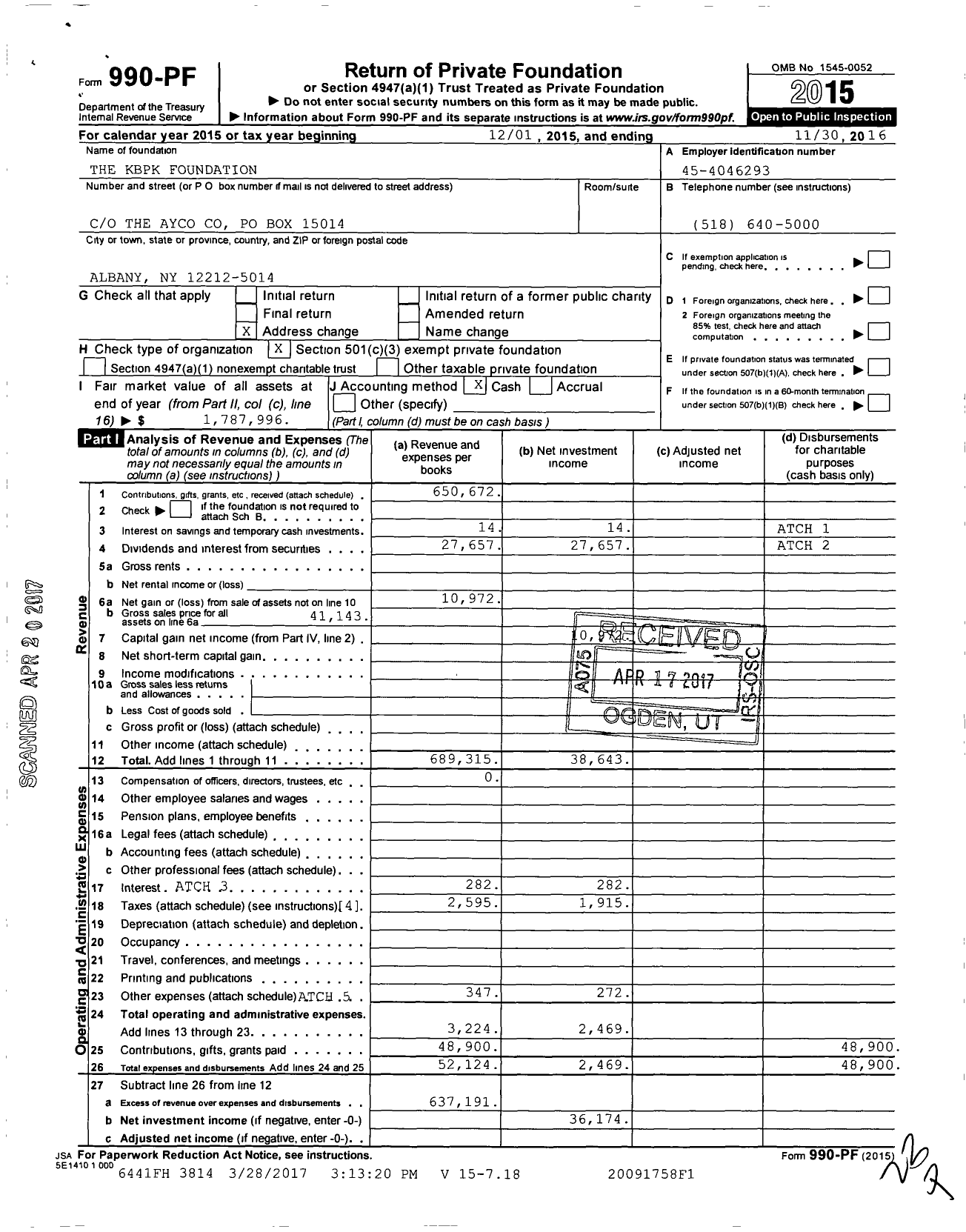 Image of first page of 2015 Form 990PF for KBPK Foundation