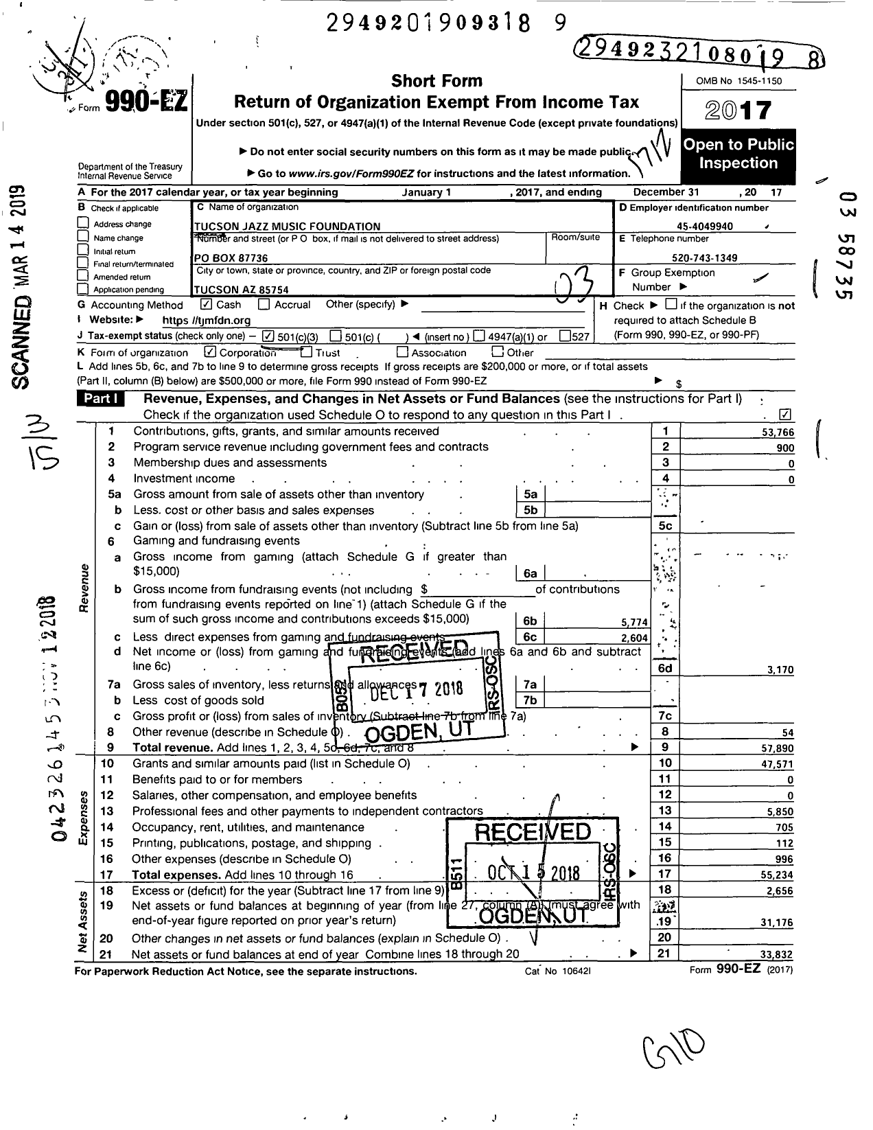 Image of first page of 2017 Form 990EZ for Tucson Jazz Music Foundation