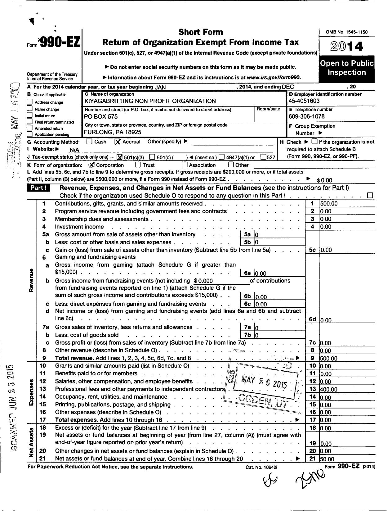 Image of first page of 2014 Form 990EZ for Kiyagabritting Non Profit Org A NJ Non Profit Org African Institute of Medical Education