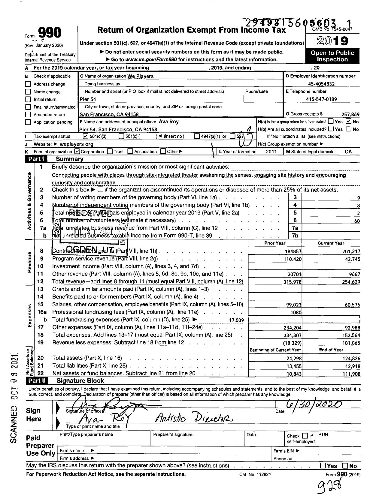 Image of first page of 2019 Form 990 for We Players