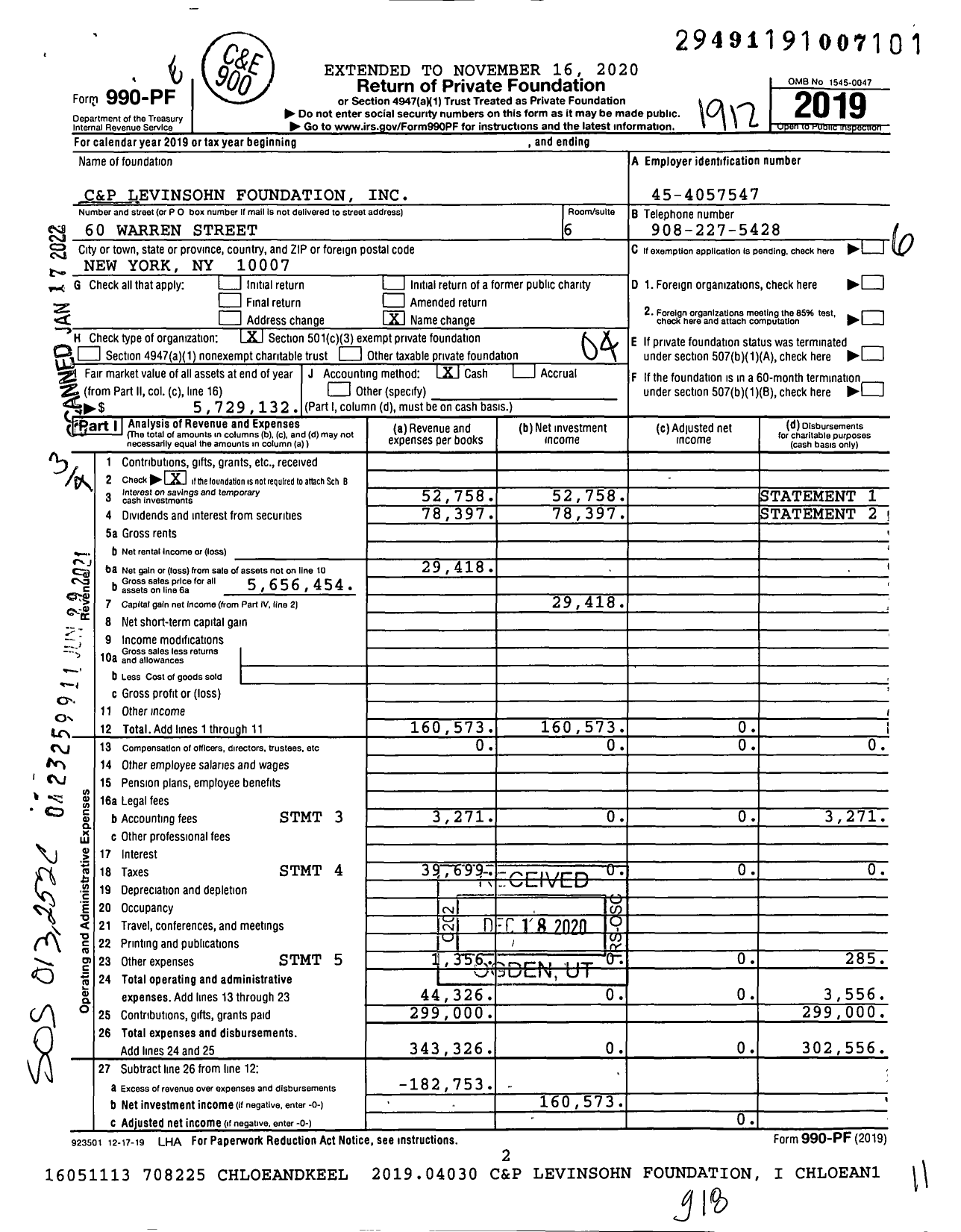 Image of first page of 2019 Form 990PF for C&P Levinsohn Foundation