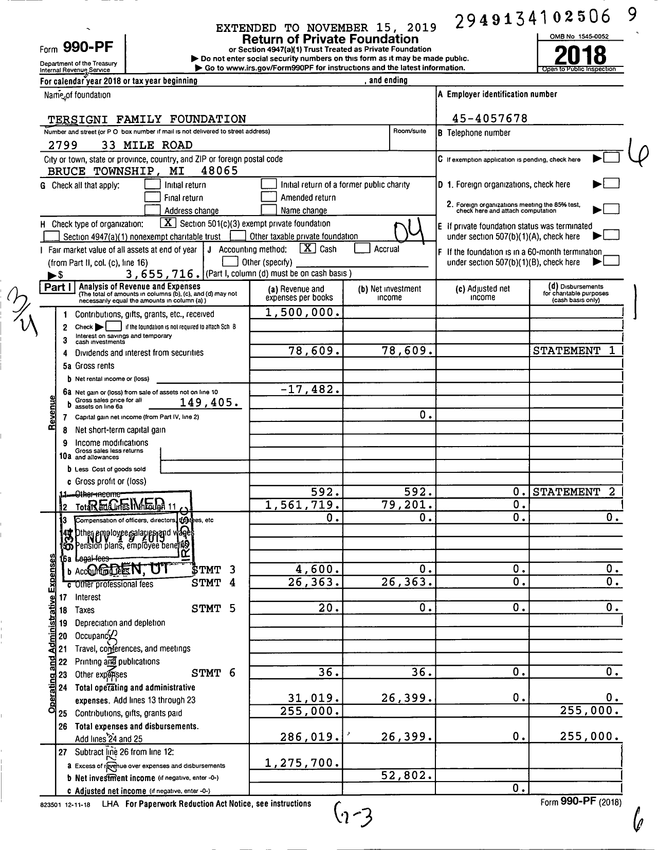 Image of first page of 2018 Form 990PF for Tersigni Family Foundation