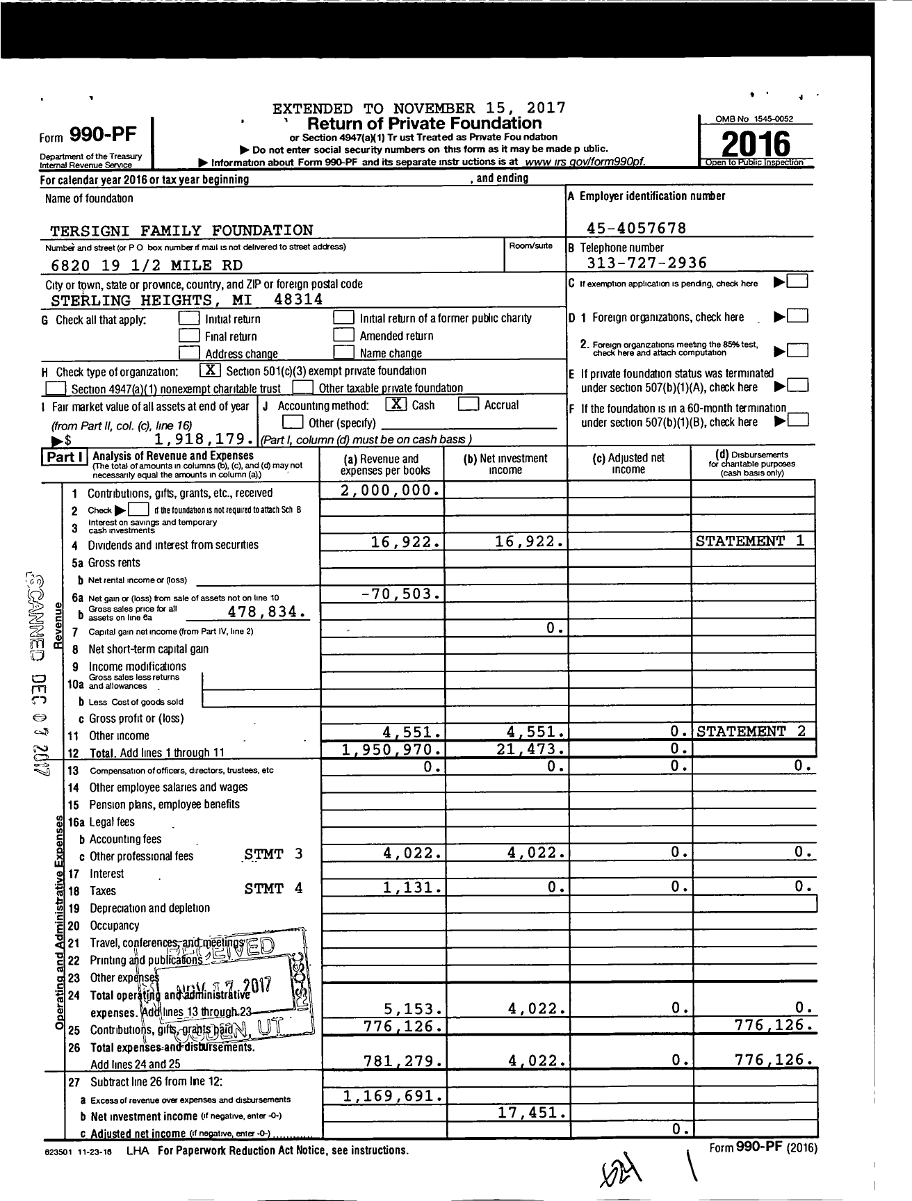 Image of first page of 2016 Form 990PF for Tersigni Family Foundation