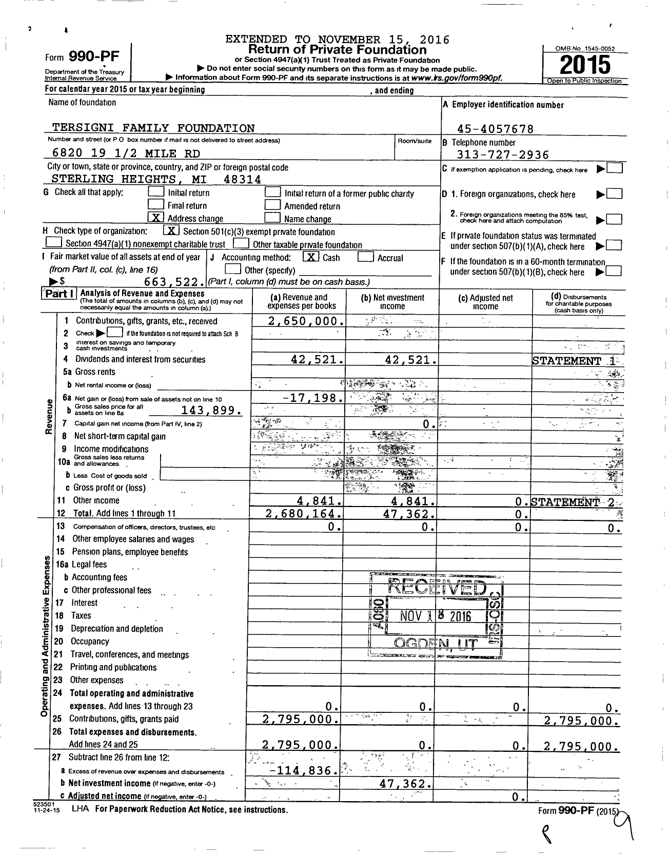Image of first page of 2015 Form 990PF for Tersigni Family Foundation