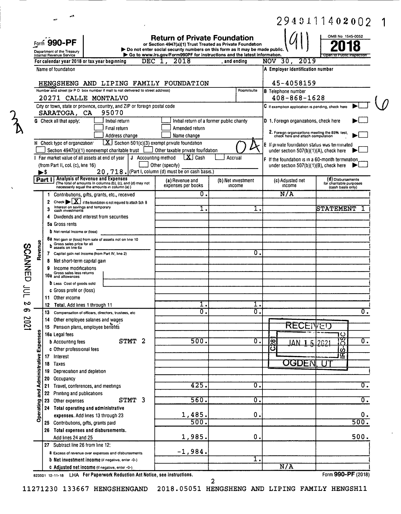 Image of first page of 2018 Form 990PF for Hengsheng and Liping Family Foundation