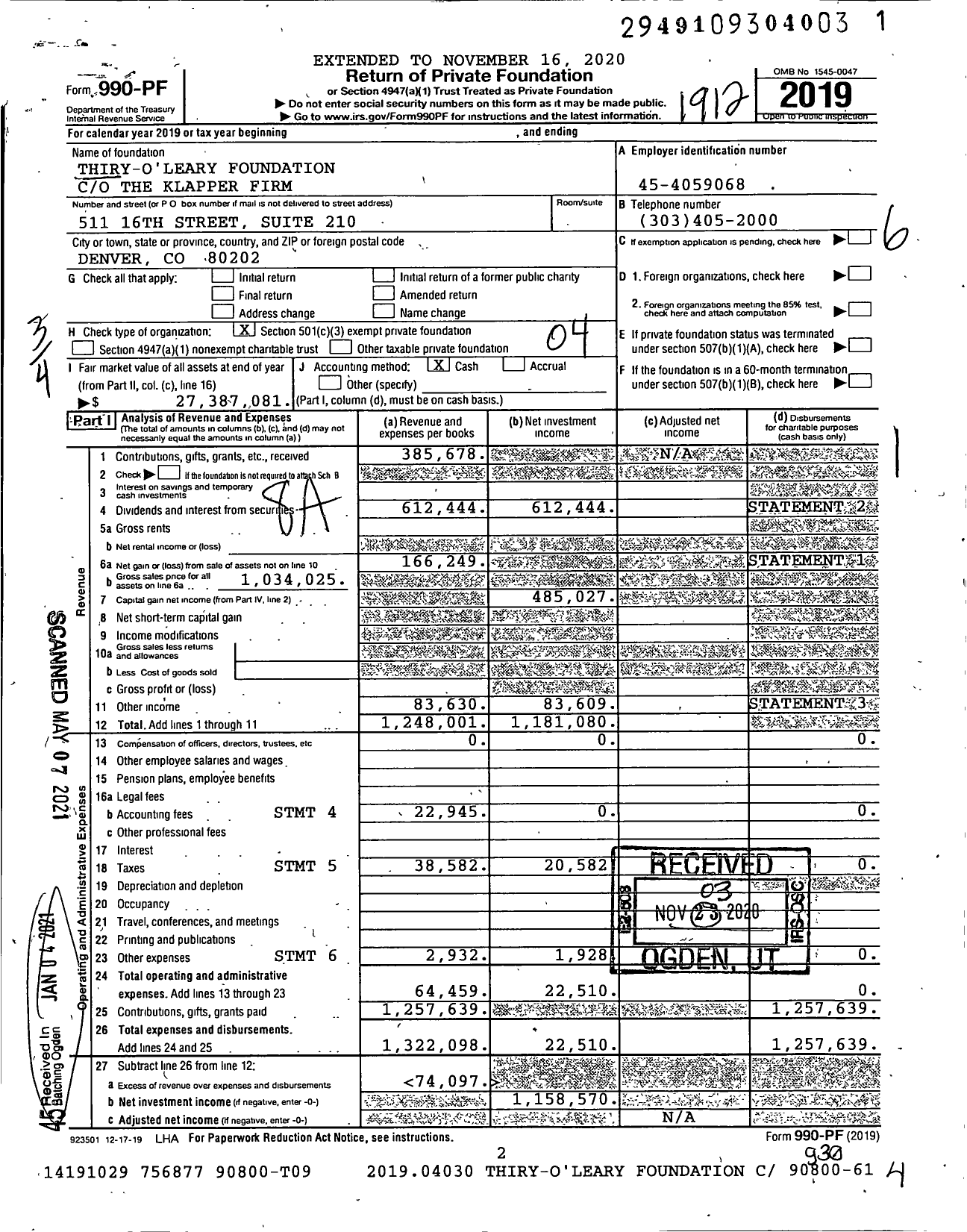 Image of first page of 2019 Form 990PF for Thiry-O'Leary Foundation