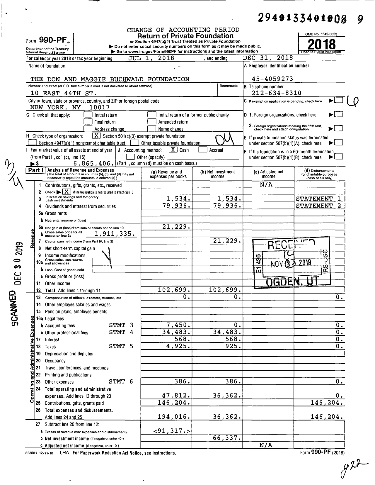 Image of first page of 2018 Form 990PF for Don and Maggie Buchwald Foundation