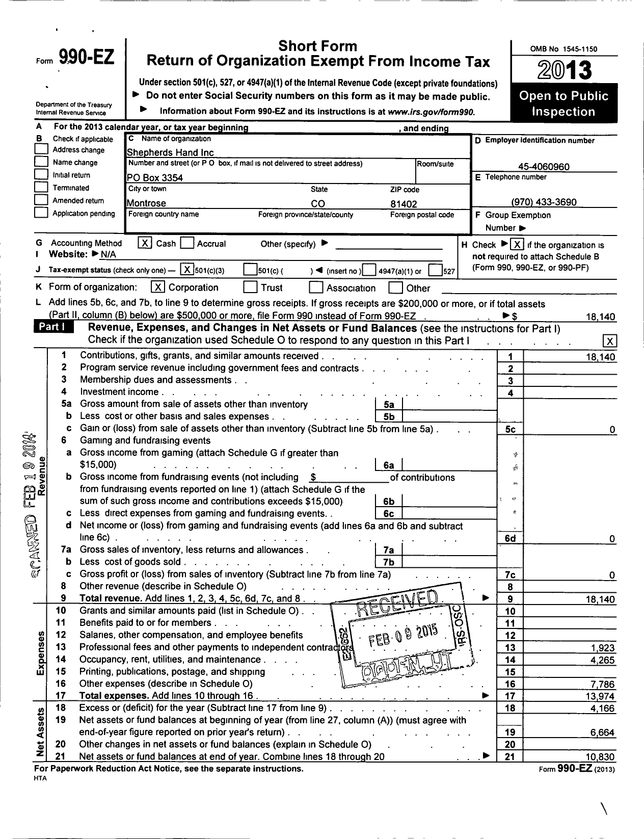 Image of first page of 2013 Form 990EZ for The Shepherd's Hand