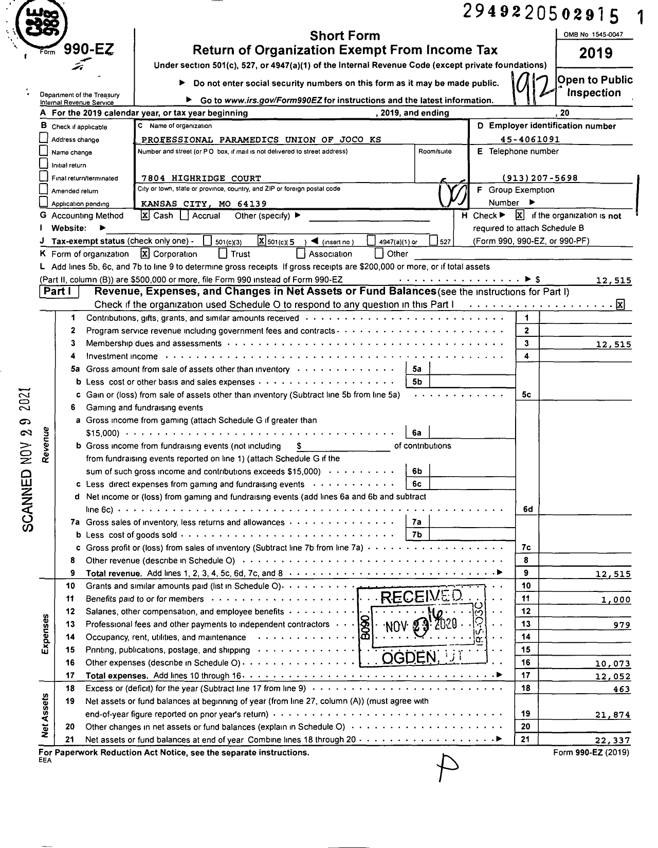 Image of first page of 2019 Form 990EO for Professional Paramedics Union of Joco KS