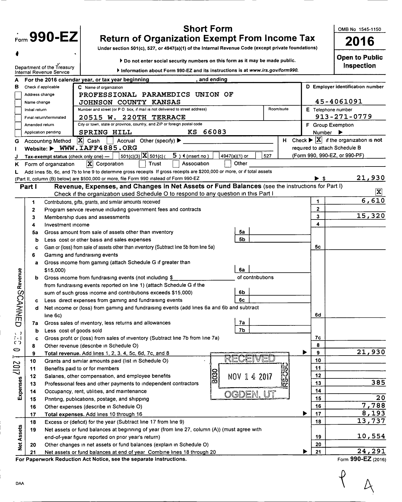 Image of first page of 2016 Form 990EO for Professional Paramedics Union of Joco KS