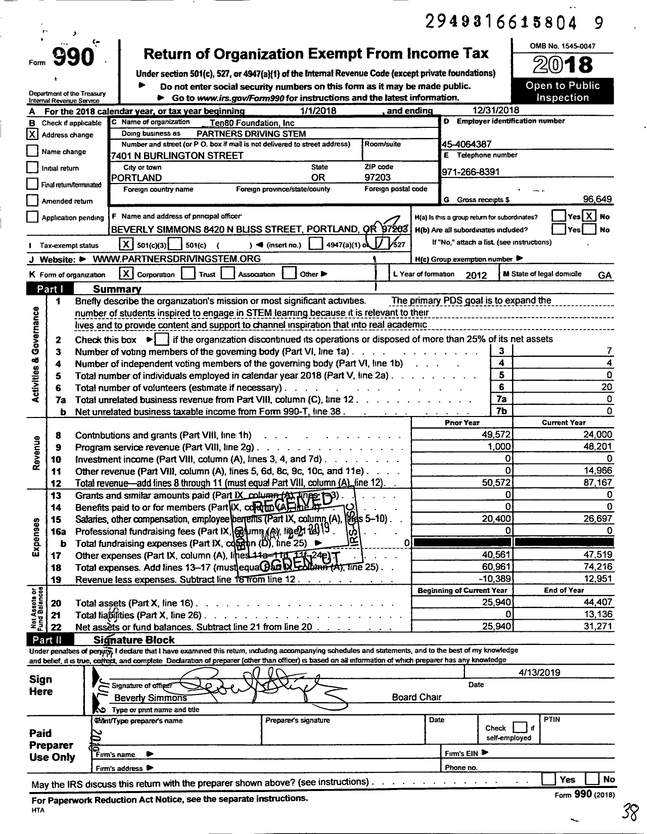 Image of first page of 2018 Form 990 for Ten80 Foundation