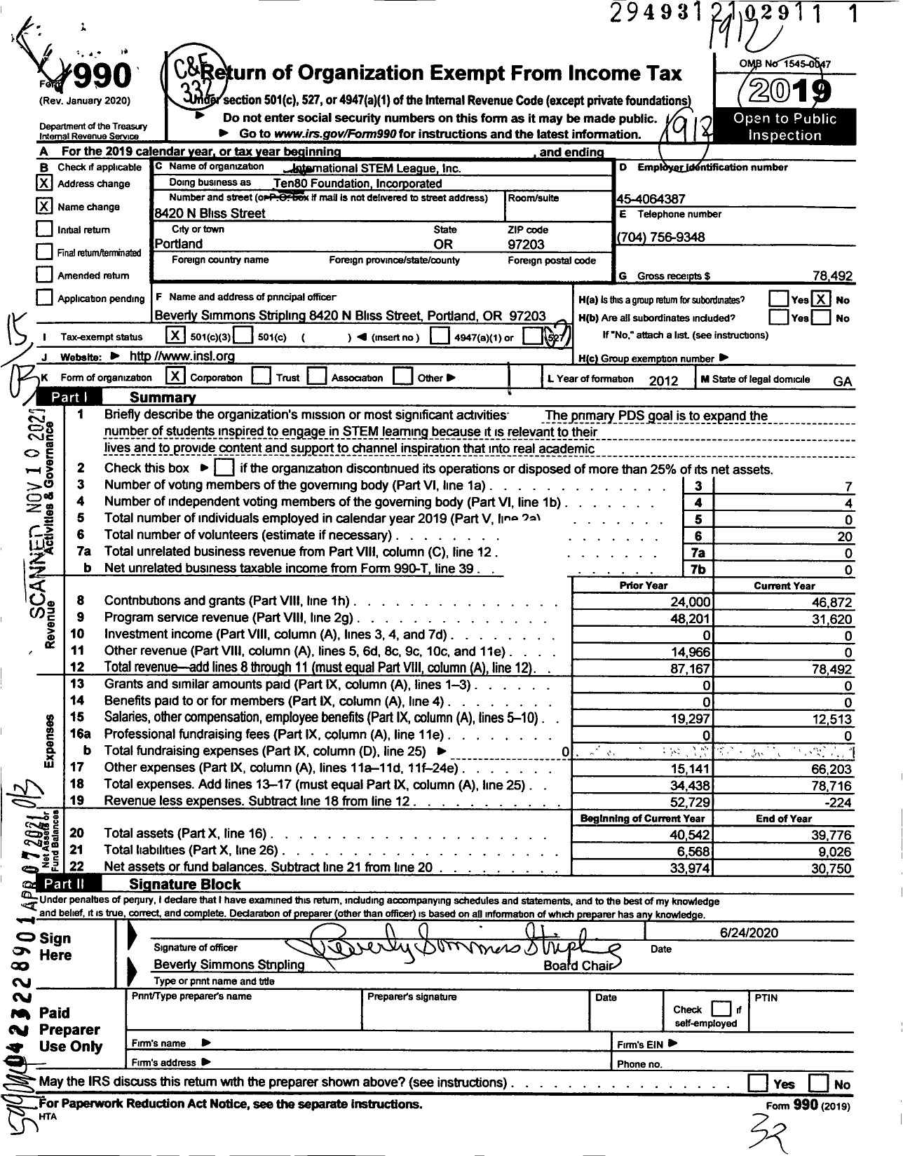 Image of first page of 2019 Form 990 for Ten80 Foundation