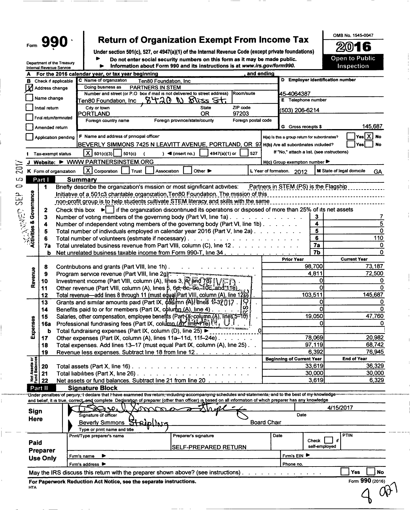 Image of first page of 2016 Form 990 for Ten80 Foundation