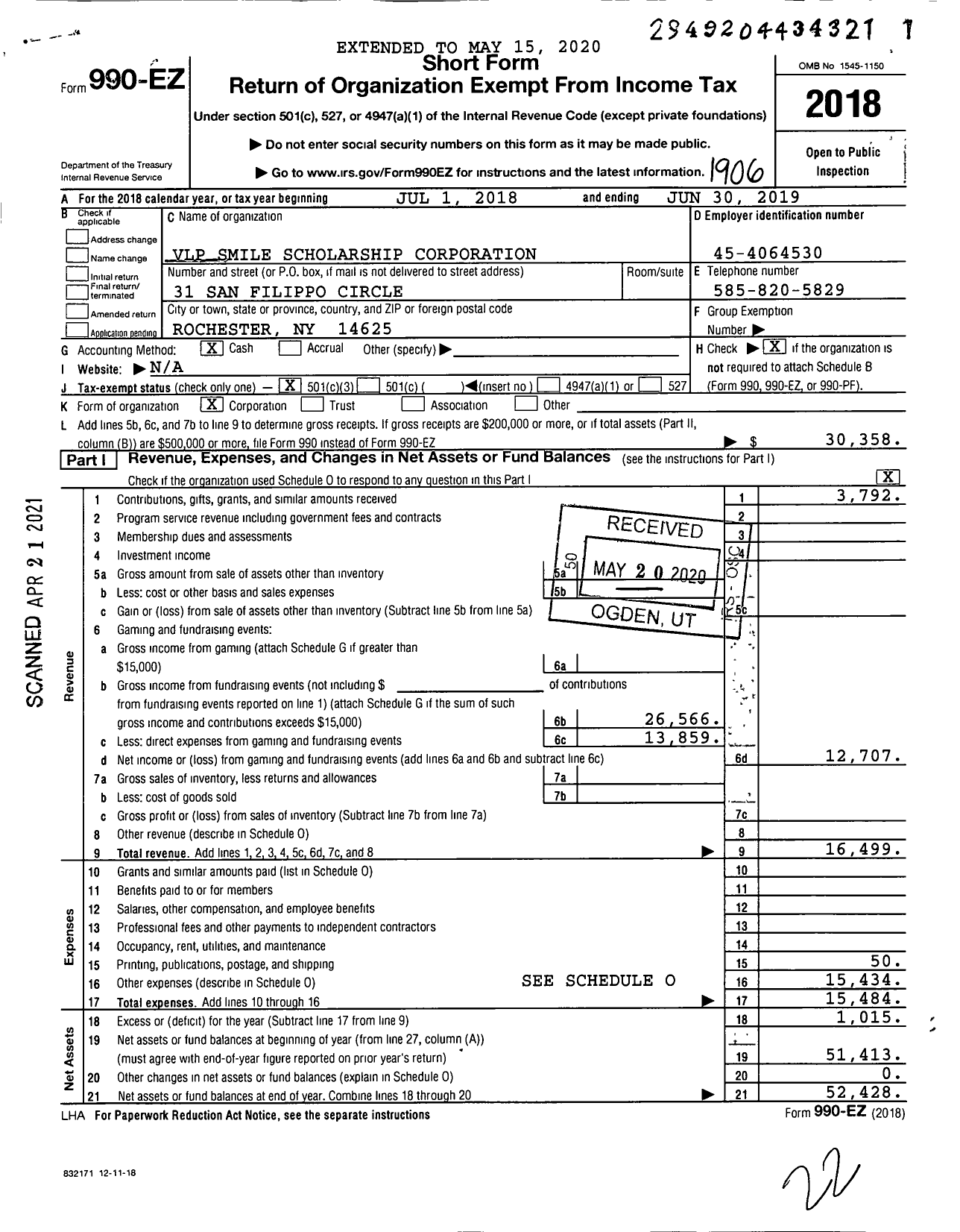 Image of first page of 2018 Form 990EZ for VLP Smile Scholarship Corporation