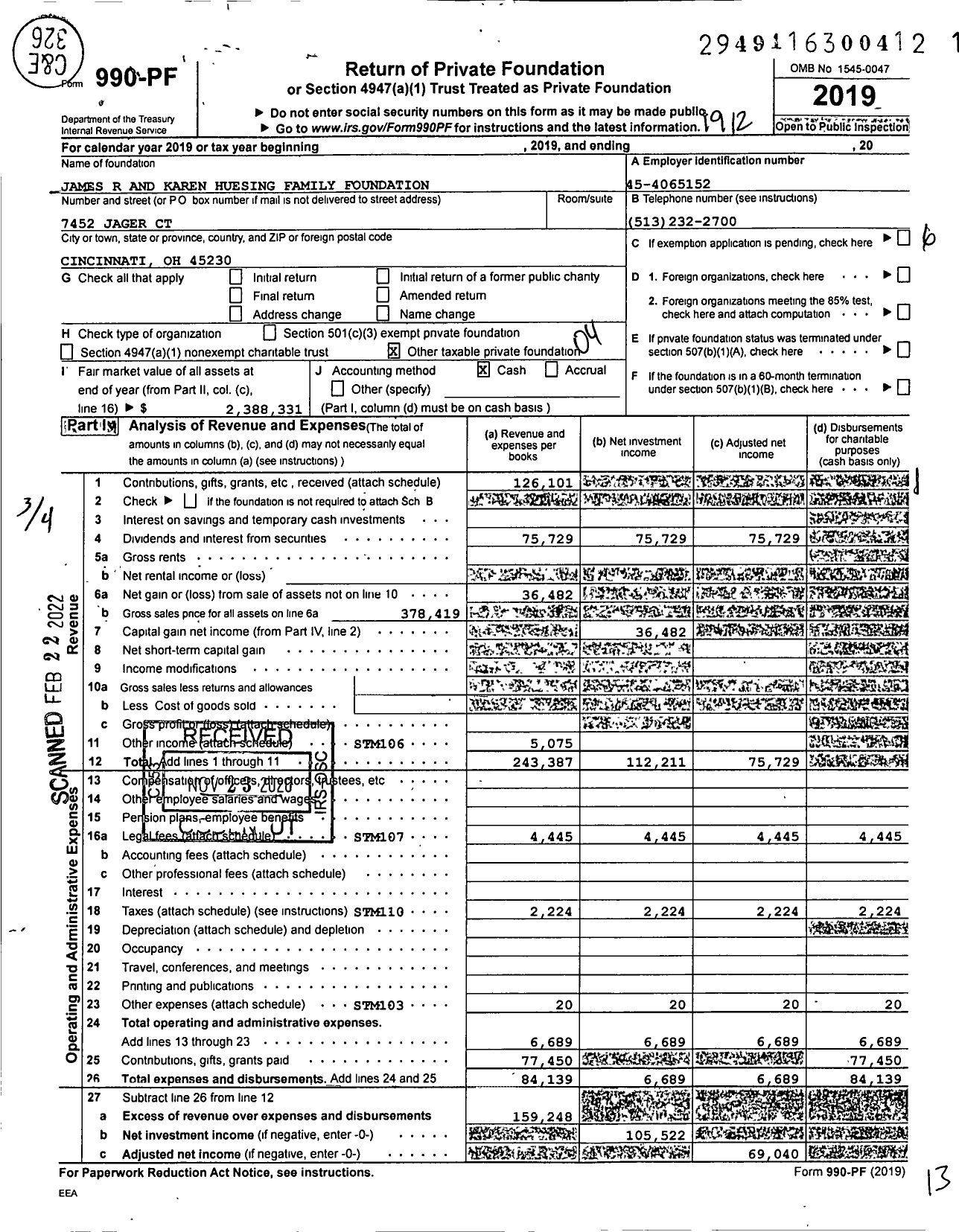 Image of first page of 2019 Form 990PF for James R and Karen Huesing Family Foundation