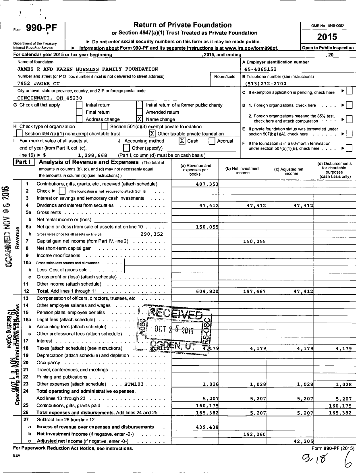 Image of first page of 2015 Form 990PF for James R and Karen Huesing Family Foundation