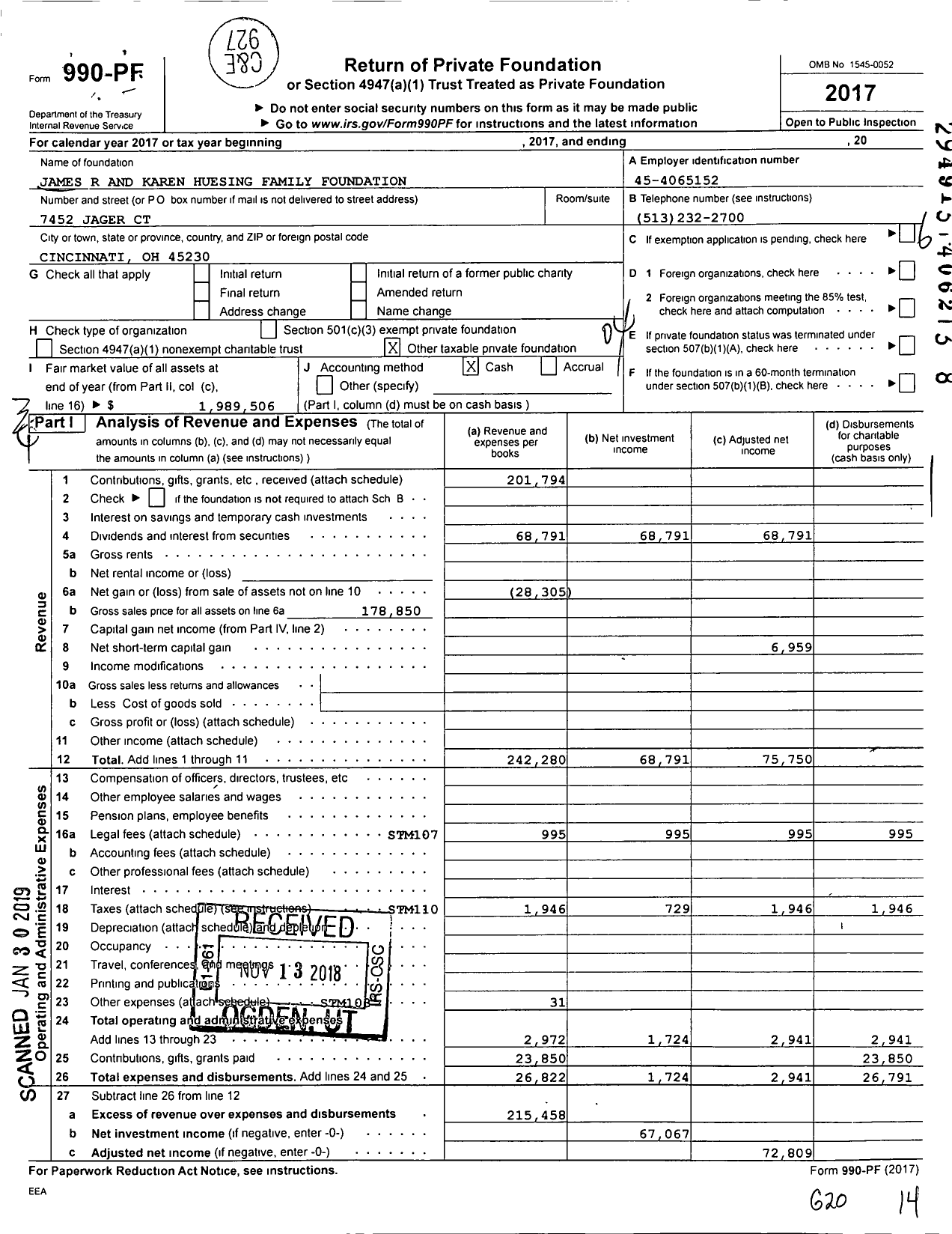 Image of first page of 2017 Form 990PF for James R and Karen Huesing Family Foundation