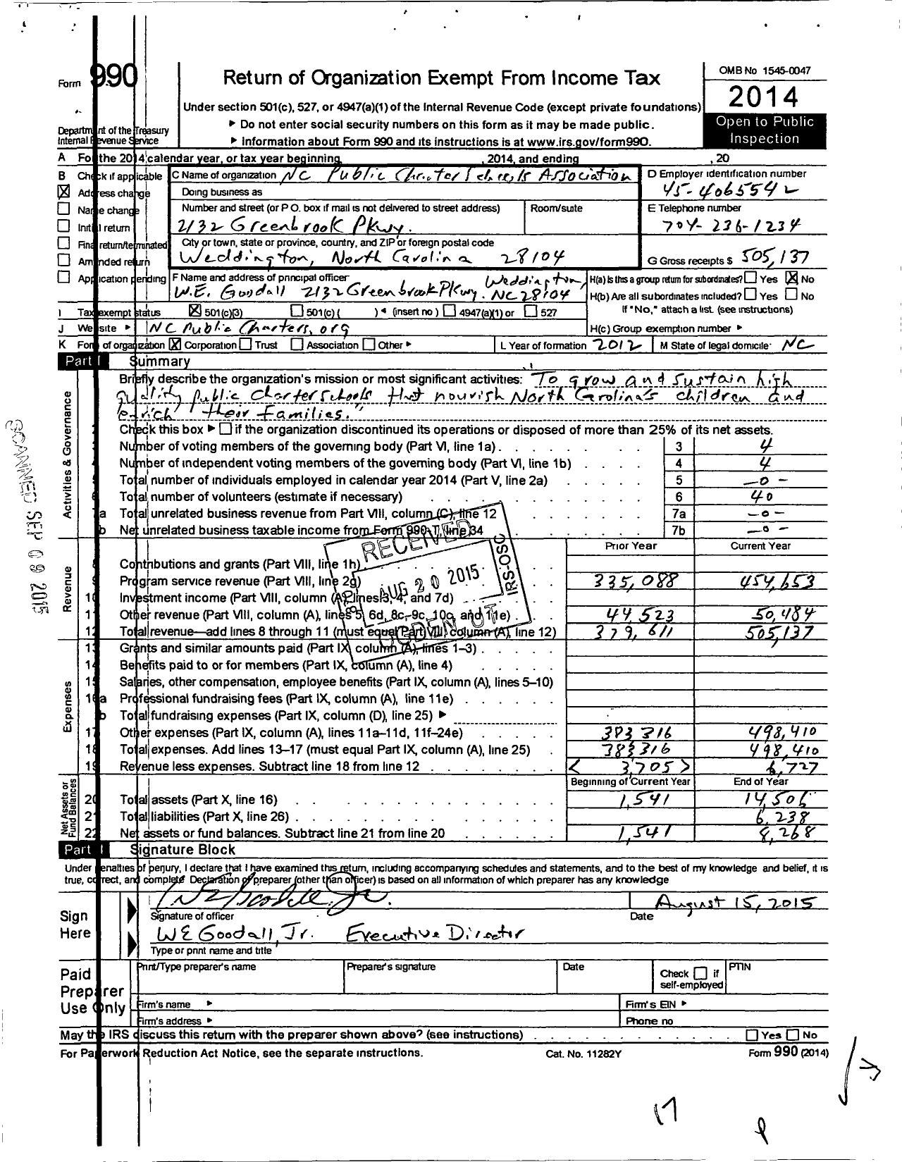 Image of first page of 2014 Form 990 for NC Public Charter Schools Association