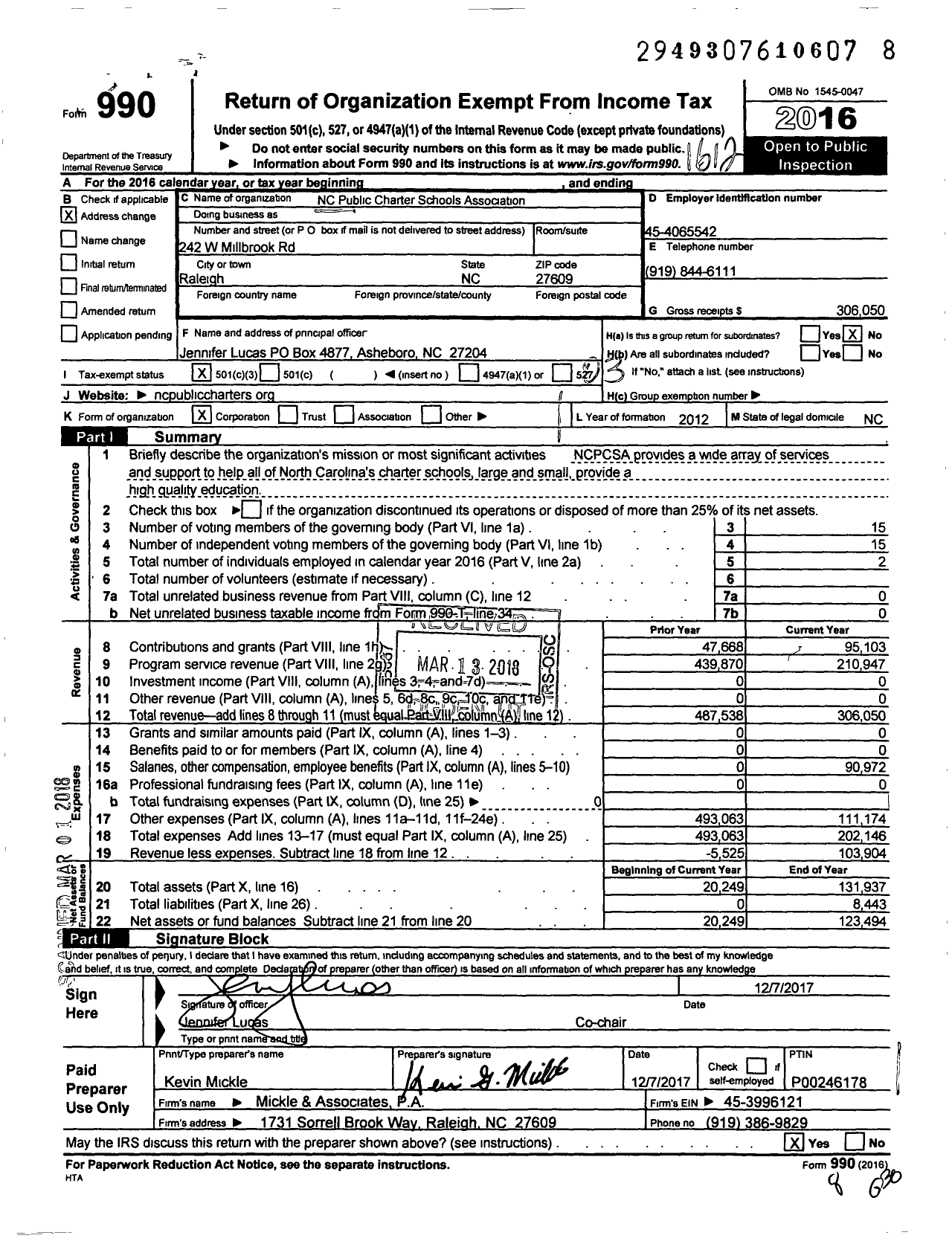 Image of first page of 2016 Form 990 for NC Public Charter Schools Association