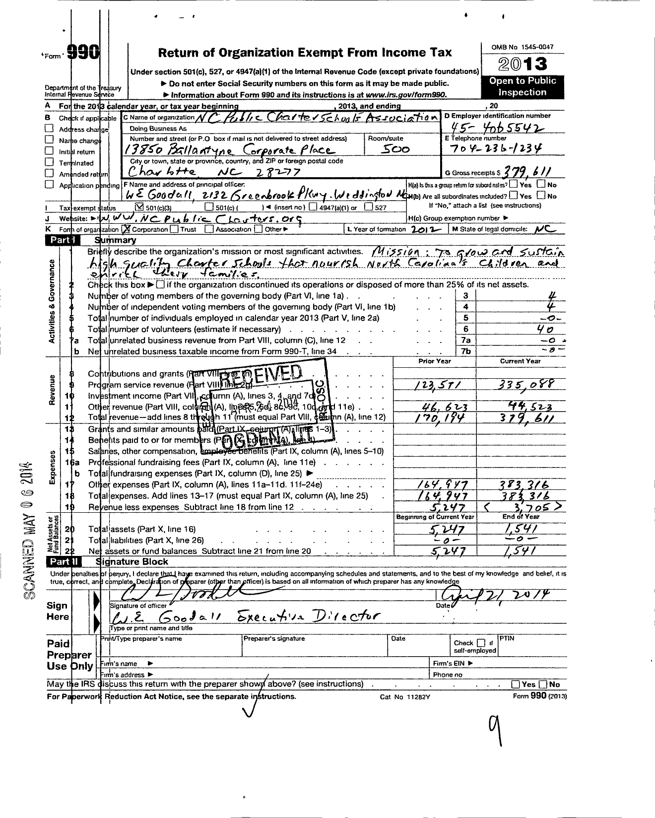 Image of first page of 2013 Form 990 for NC Public Charter Schools Association