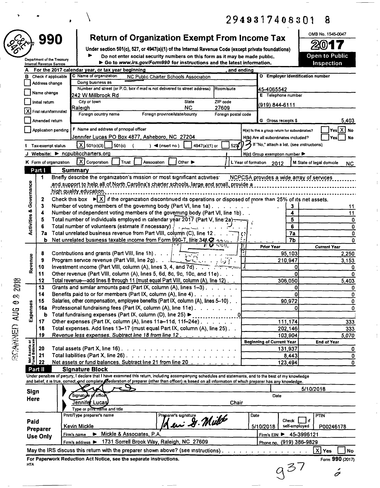 Image of first page of 2017 Form 990 for NC Public Charter Schools Association