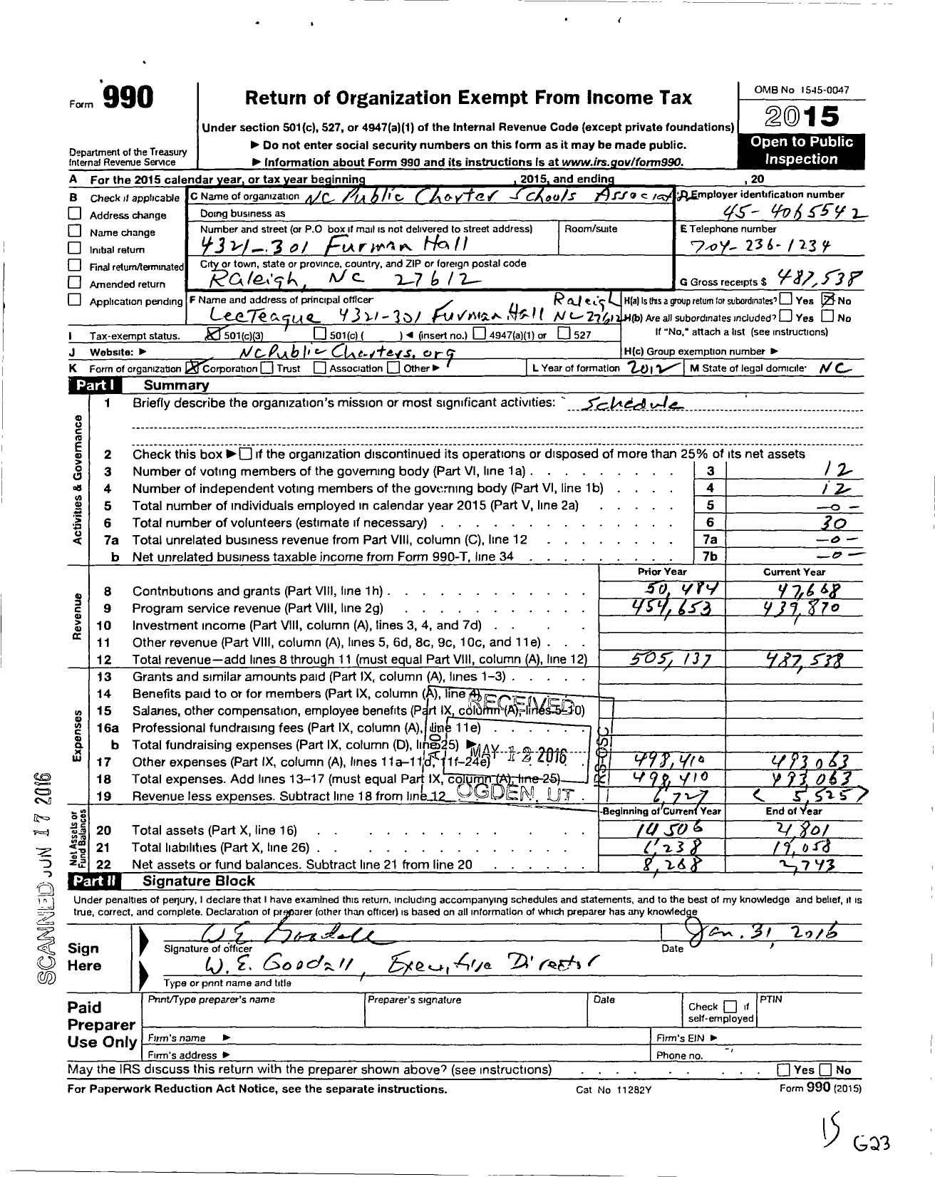 Image of first page of 2015 Form 990 for NC Public Charter Schools Association