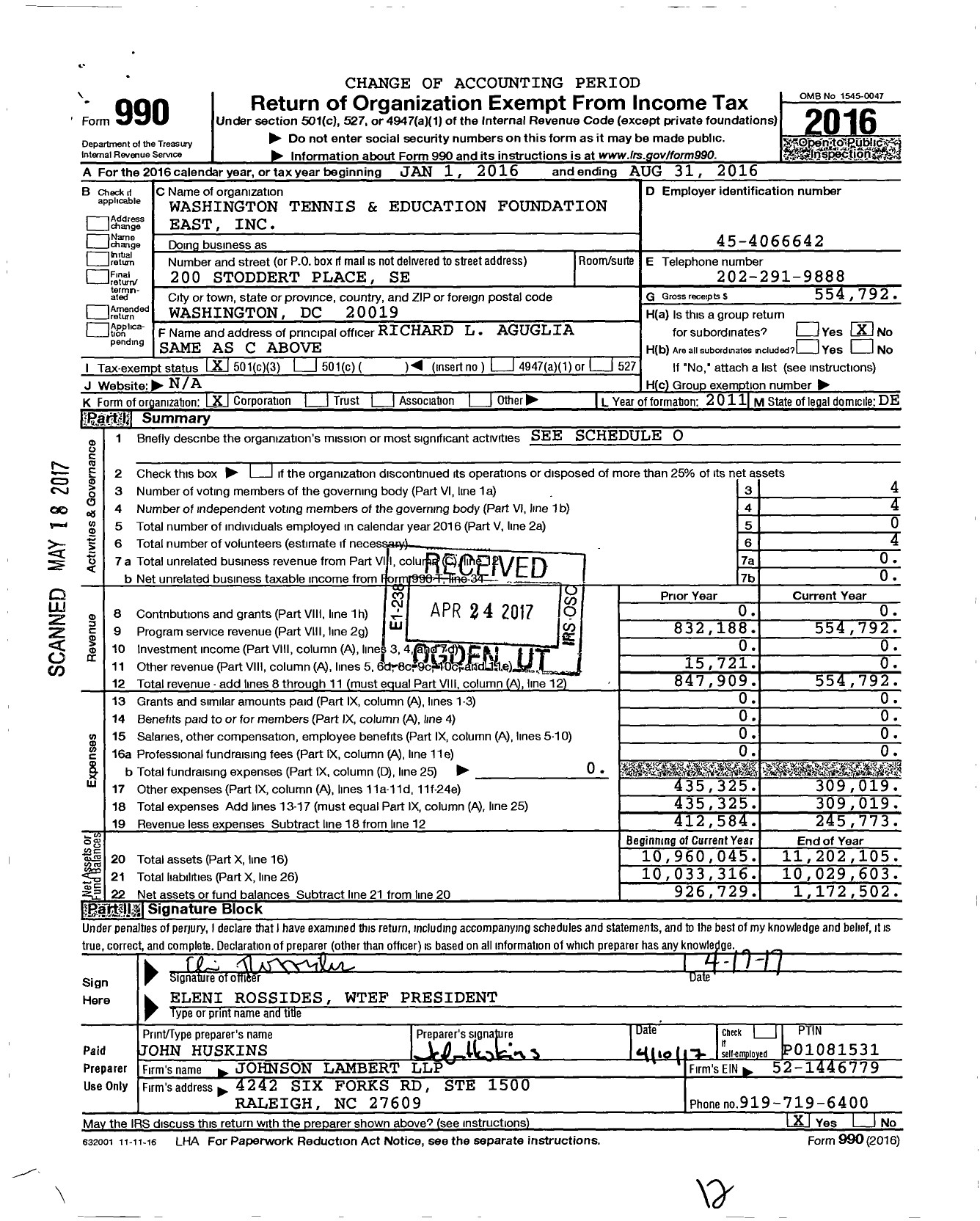 Image of first page of 2015 Form 990 for Washington Tennis and Education Foundation East