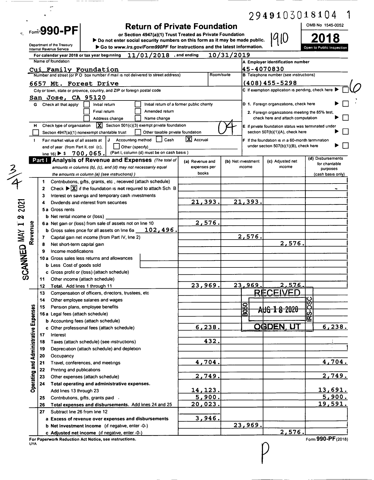 Image of first page of 2018 Form 990PF for Cui Family Foundation