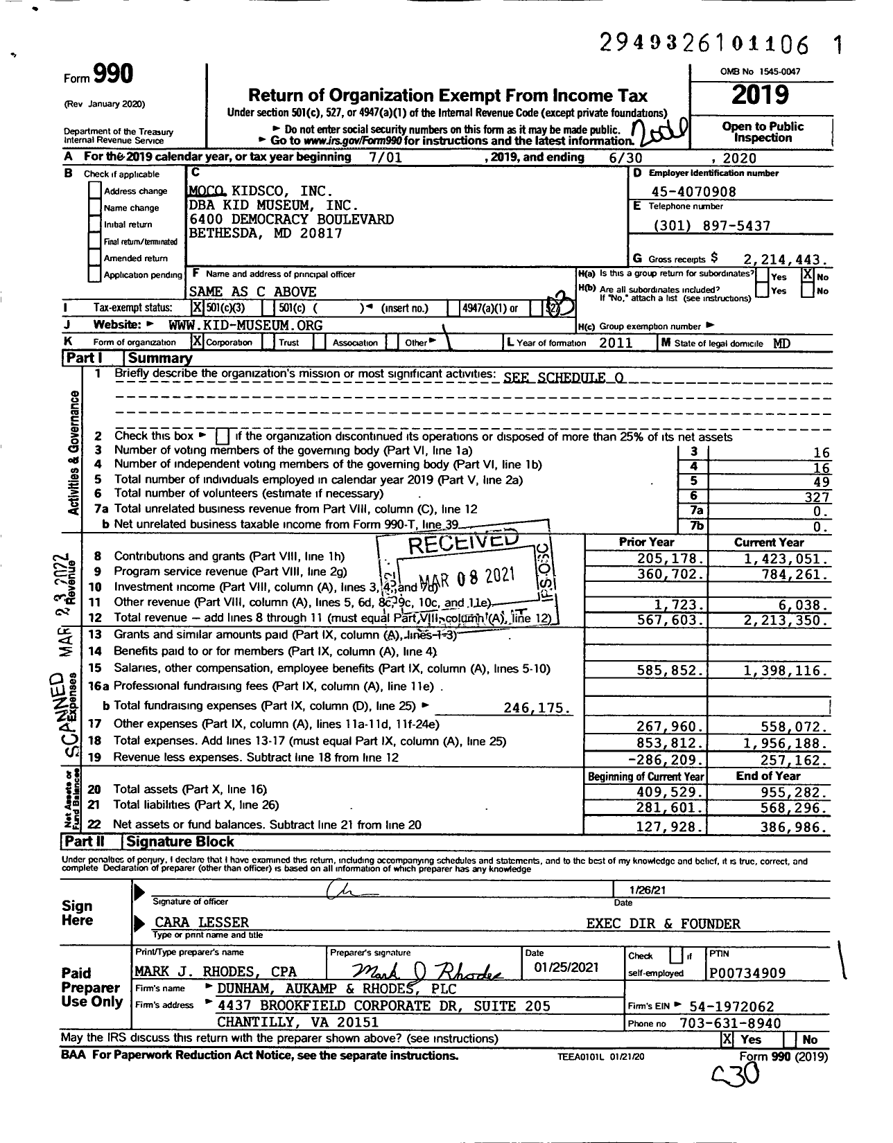 Image of first page of 2019 Form 990 for Kid Museum