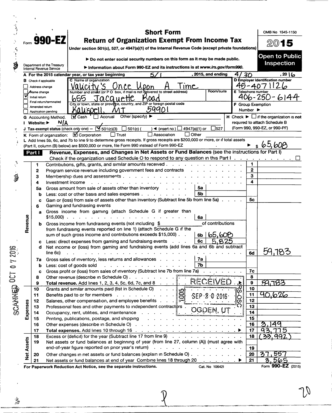 Image of first page of 2015 Form 990EZ for Valicitys Once Upon A Time