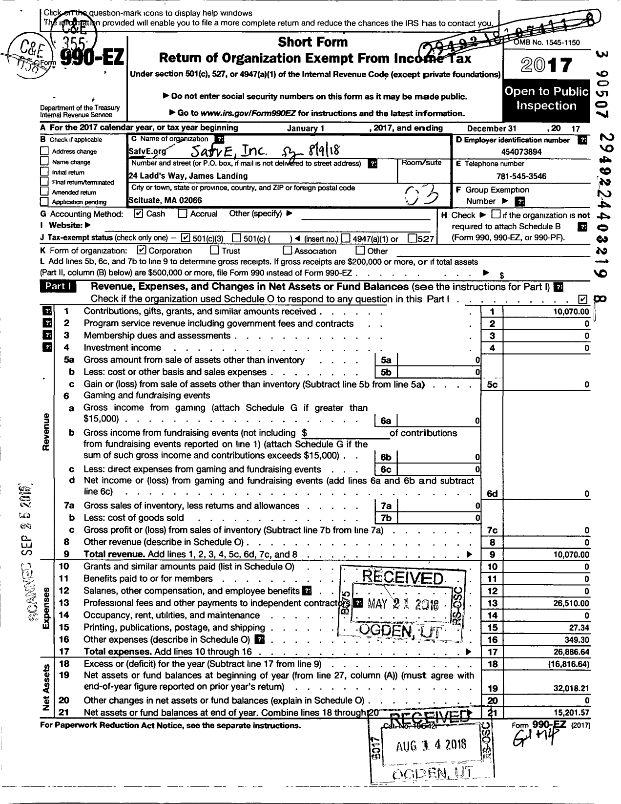 Image of first page of 2017 Form 990EZ for SafvE