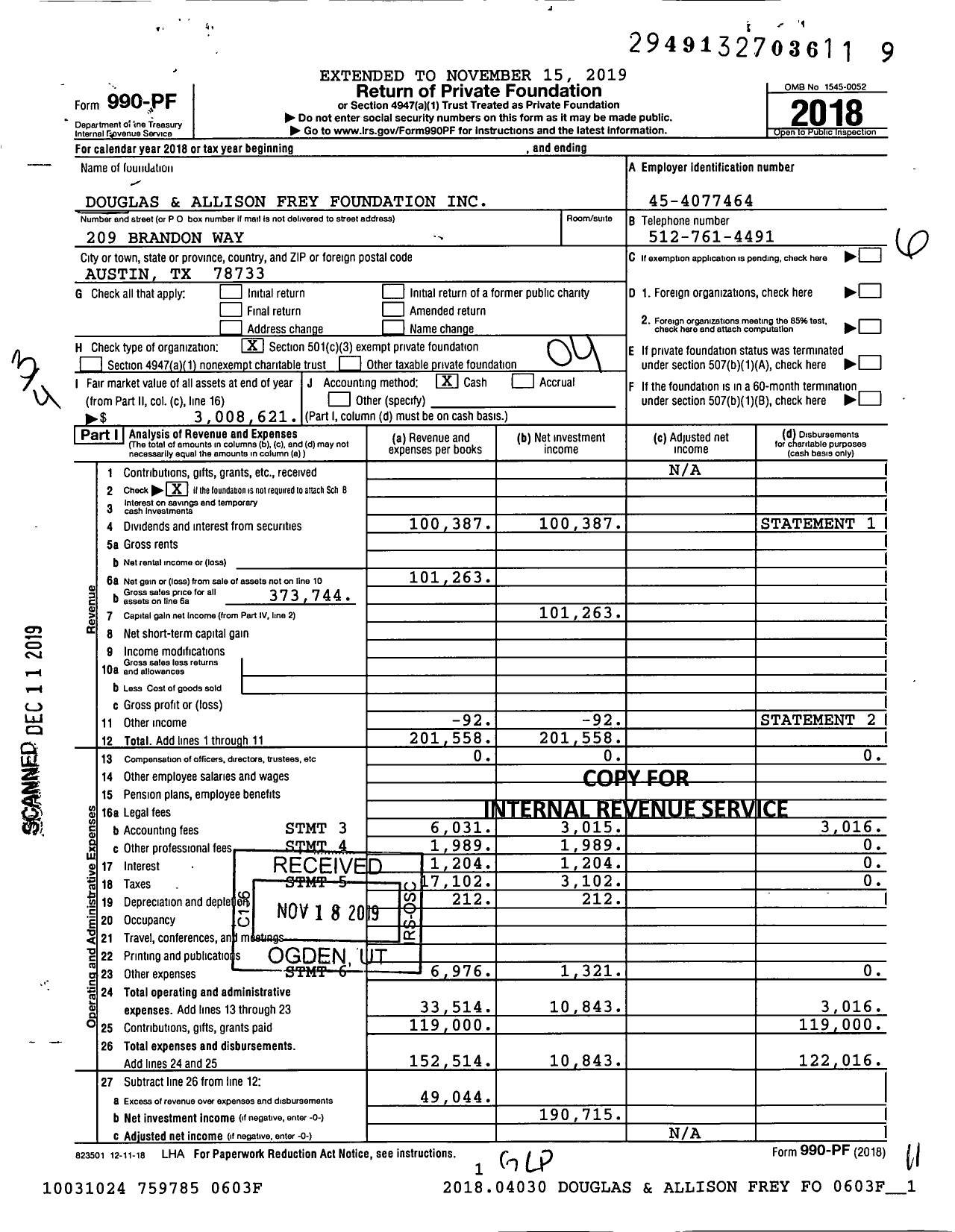 Image of first page of 2018 Form 990PF for Douglas and Allison Frey Foundation