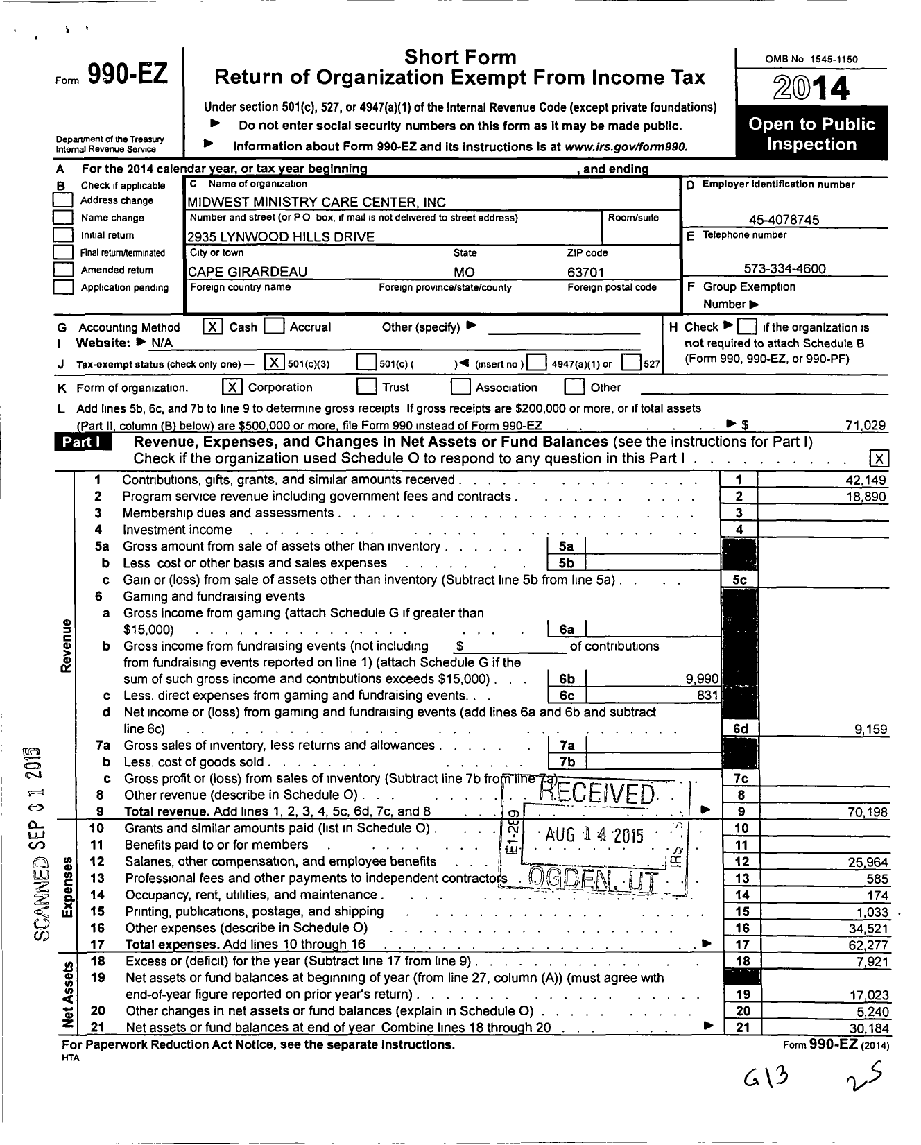 Image of first page of 2014 Form 990EZ for Midwest Ministry Care Center