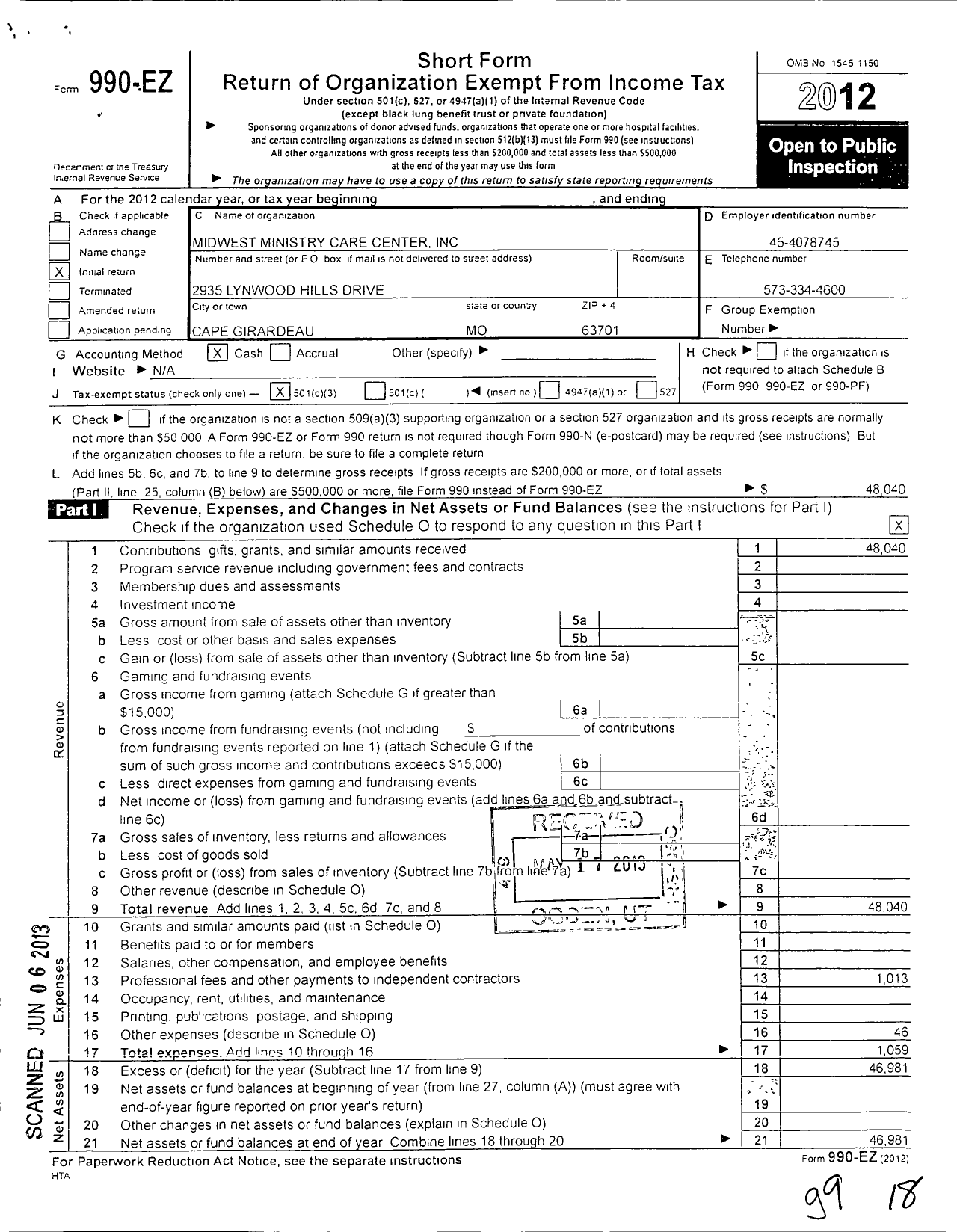 Image of first page of 2012 Form 990EZ for Midwest Ministry Care Center