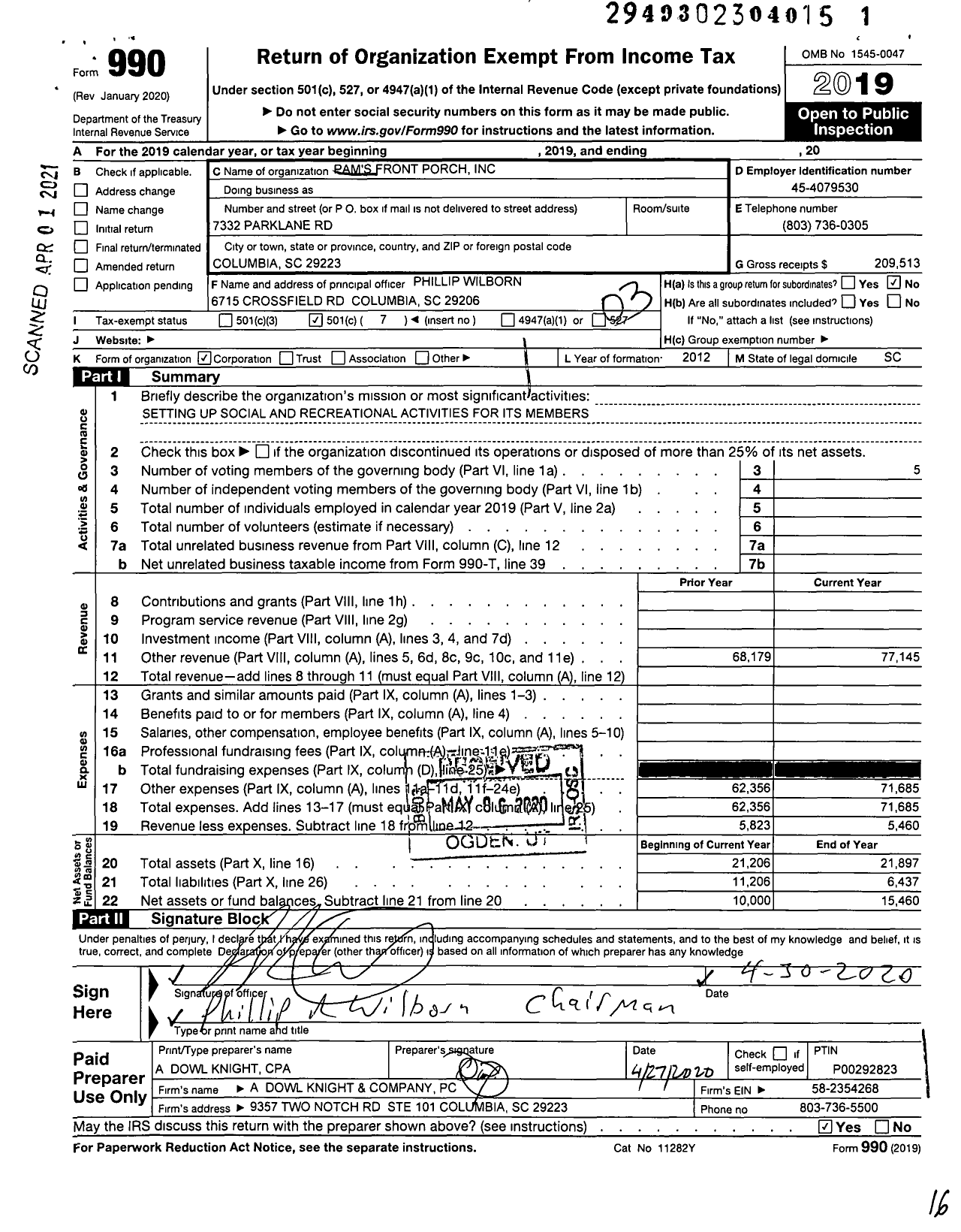 Image of first page of 2019 Form 990 for Pam's Front Porch