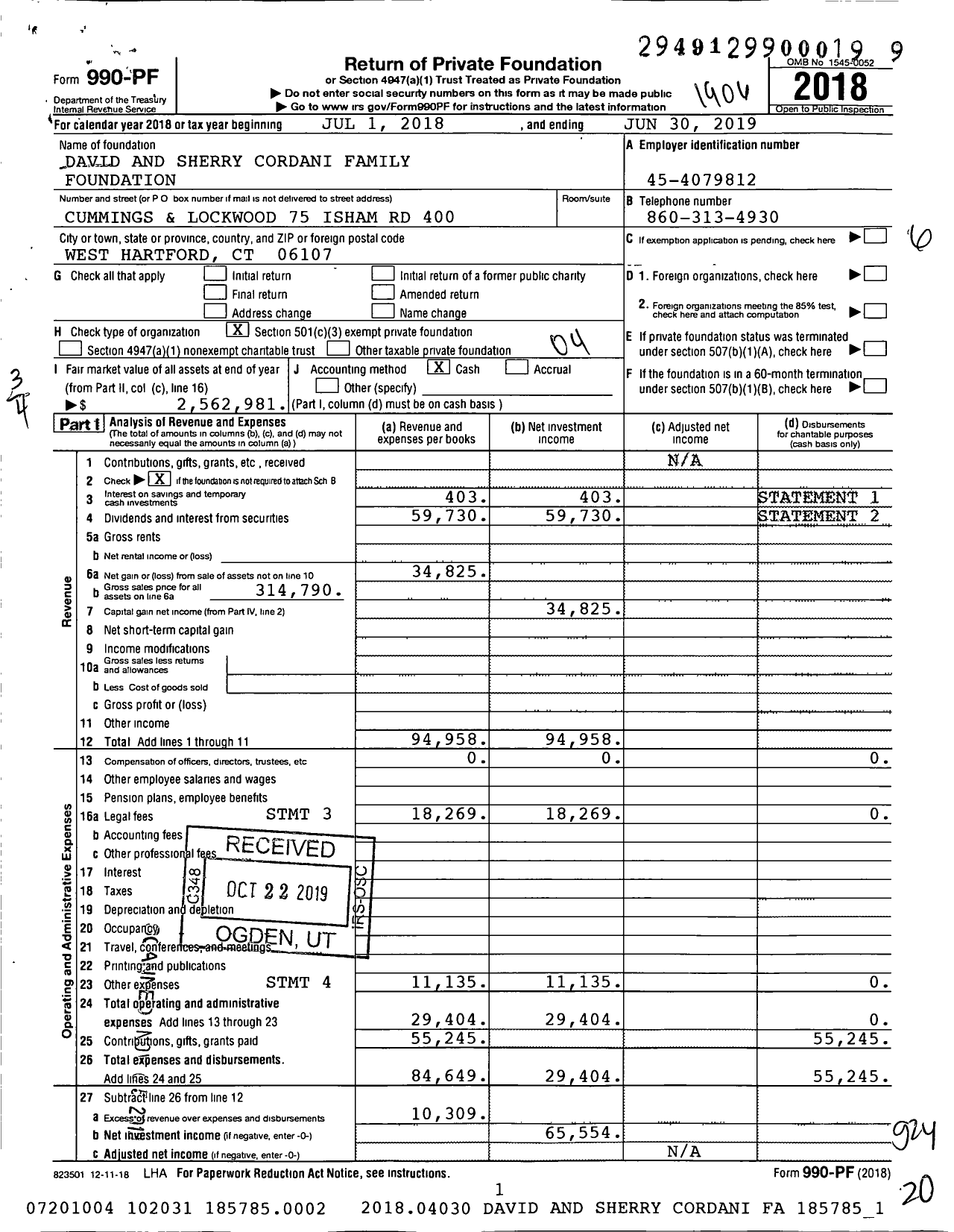 Image of first page of 2018 Form 990PF for David and Sherry Cordani Family Foundation