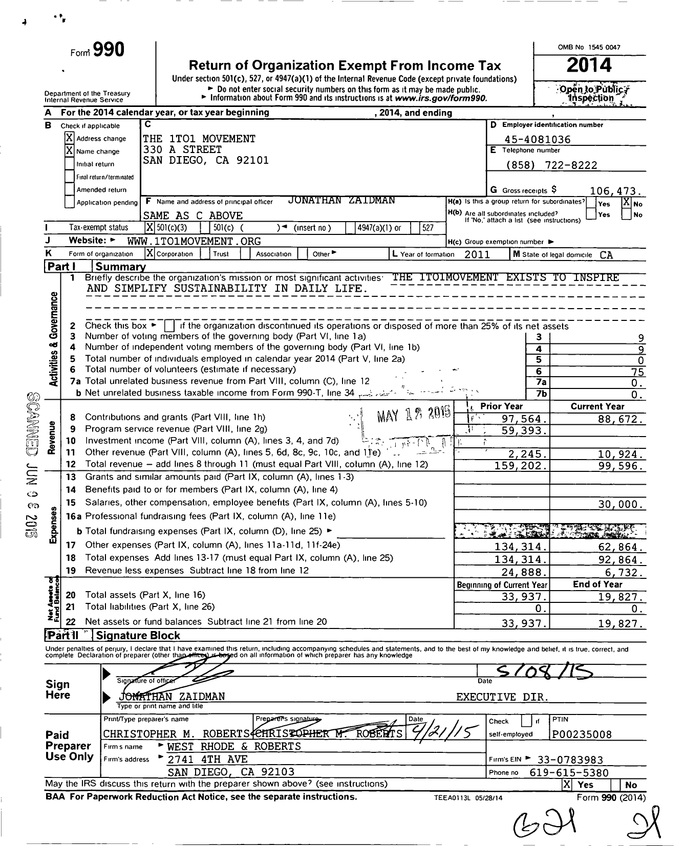 Image of first page of 2014 Form 990 for The 1to1 Movement