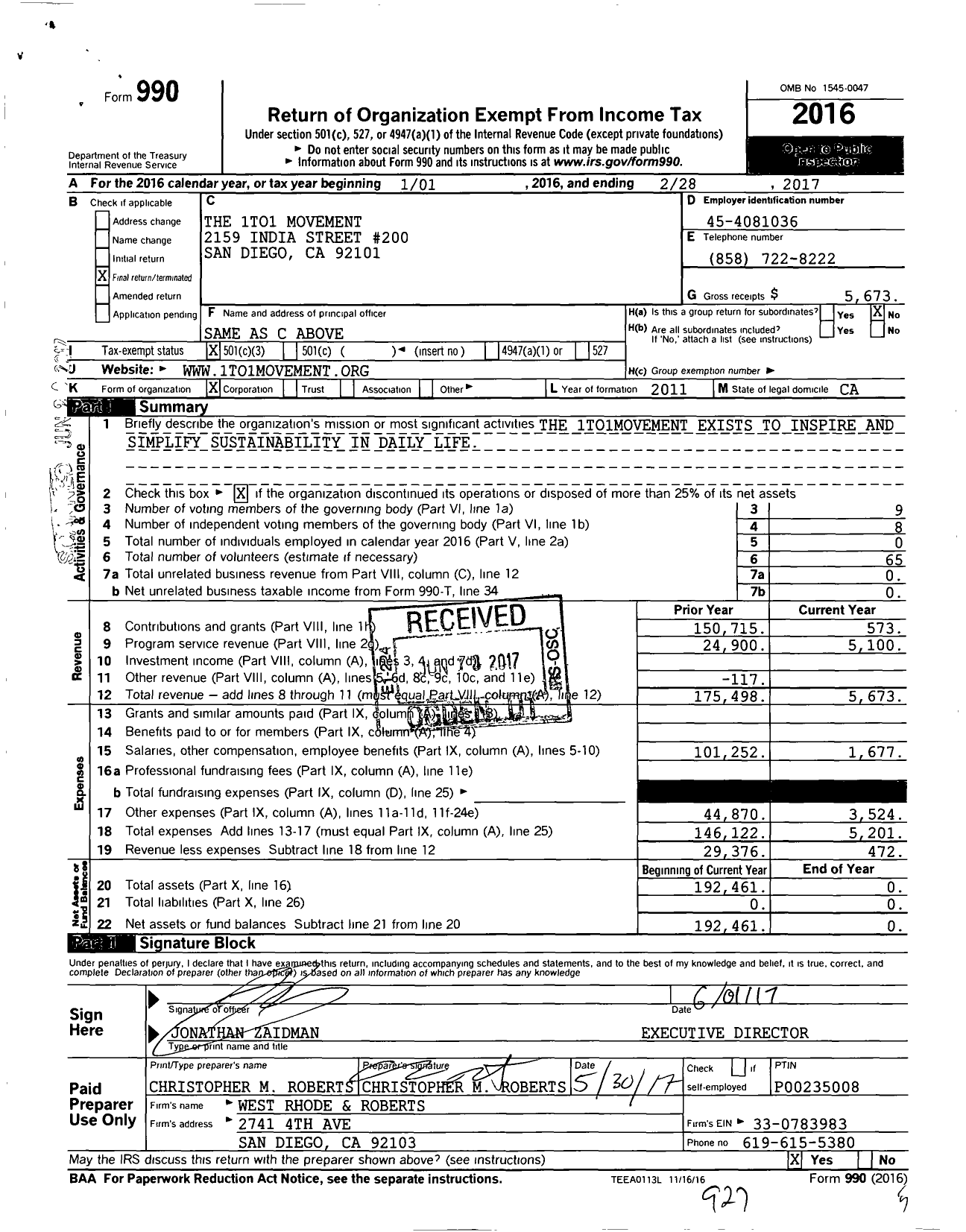 Image of first page of 2016 Form 990 for The 1to1 Movement