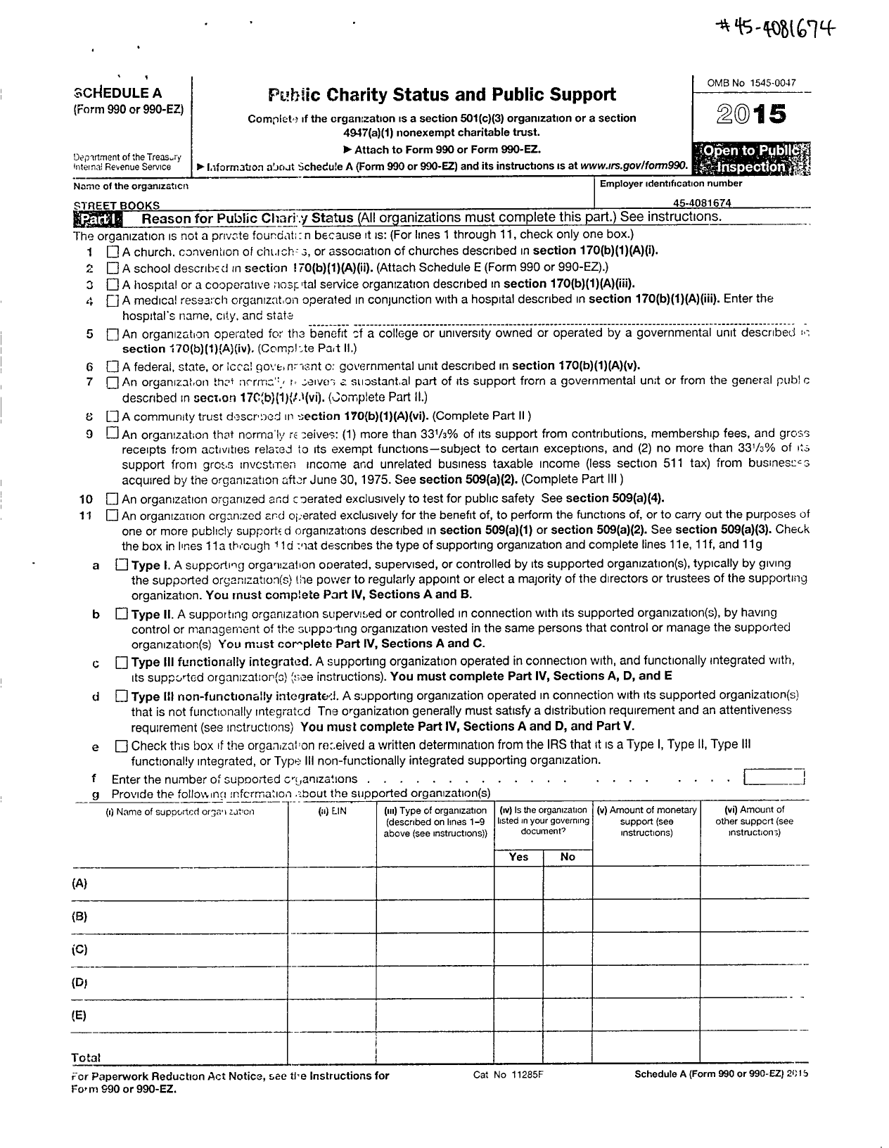 Image of first page of 2015 Form 990ER for Street Books