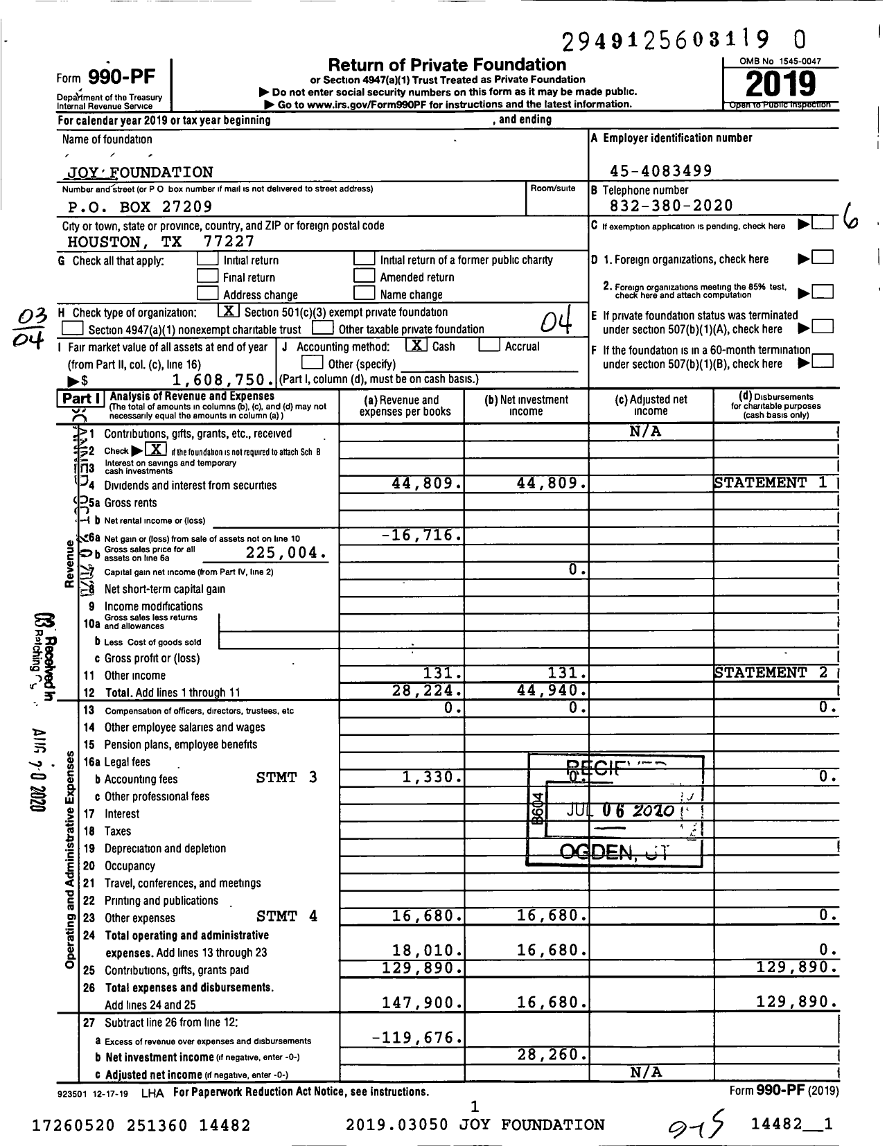 Image of first page of 2019 Form 990PR for Joy Foundation