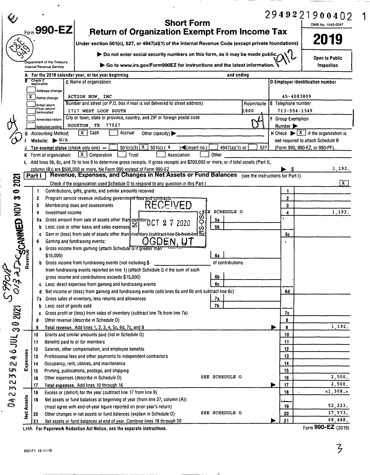 Image of first page of 2019 Form 990EO for Action Now